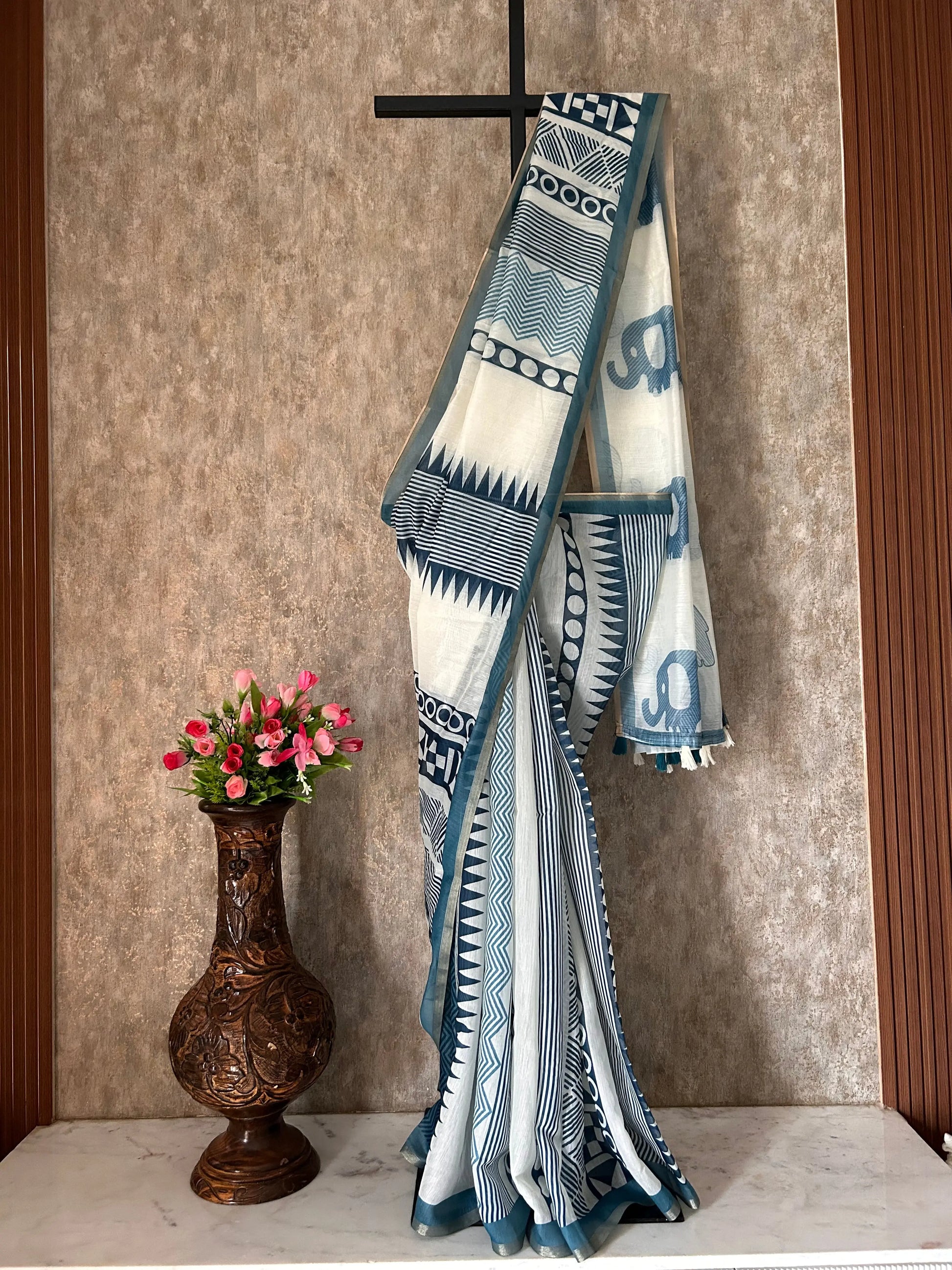 White and blue Color Printed Chanderi Daily wear Saree