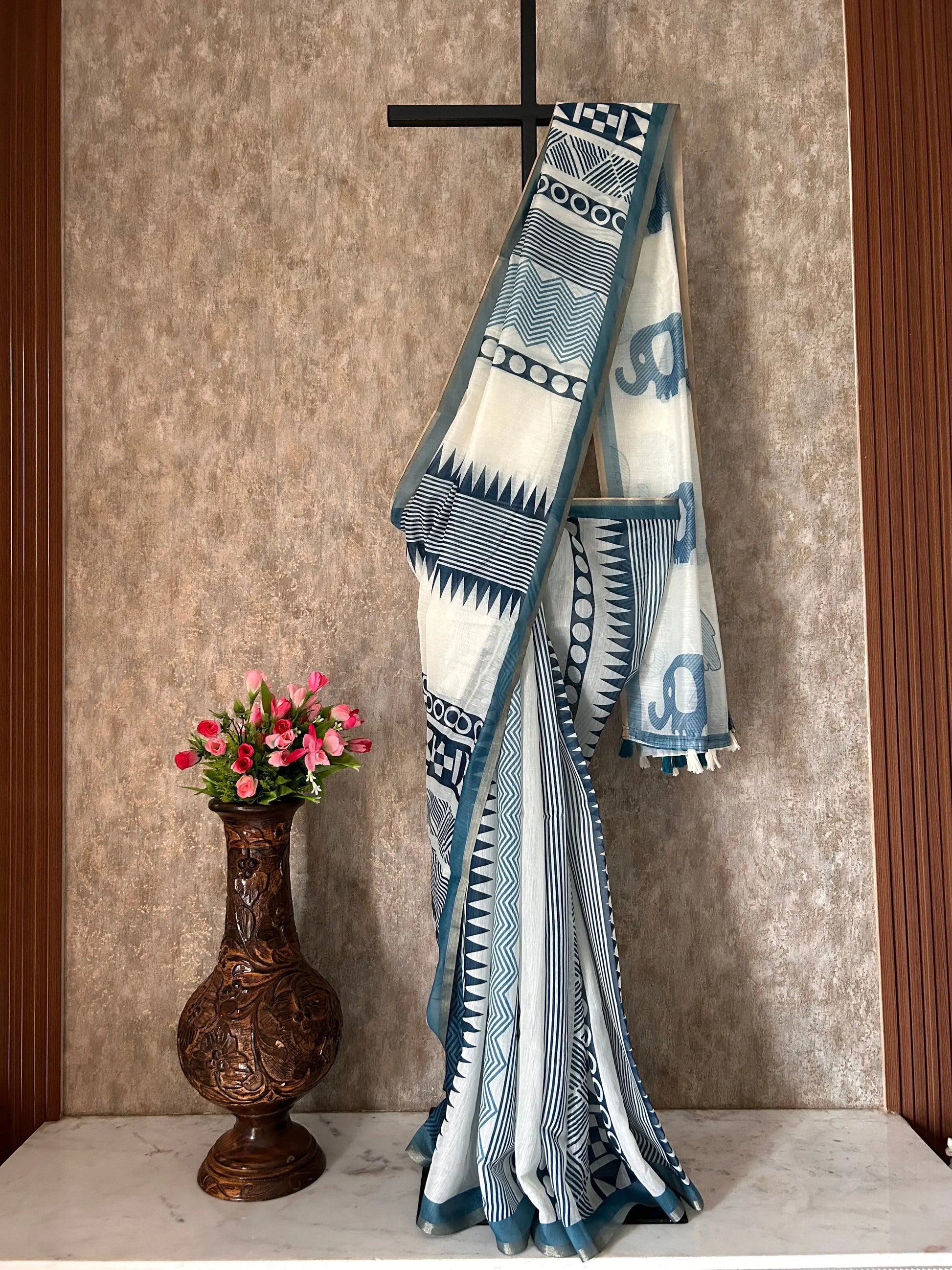 White and blue Color Printed Chanderi Daily wear Saree