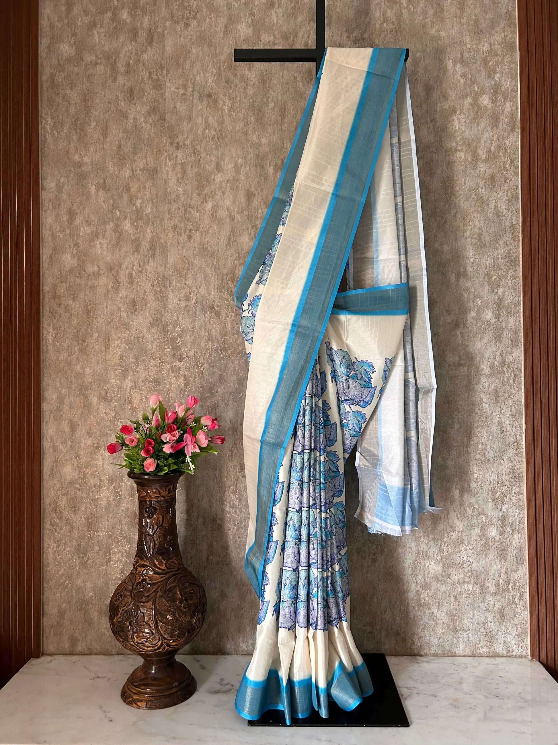 Cream Color Semi Tussar Printed Daily wear Saree