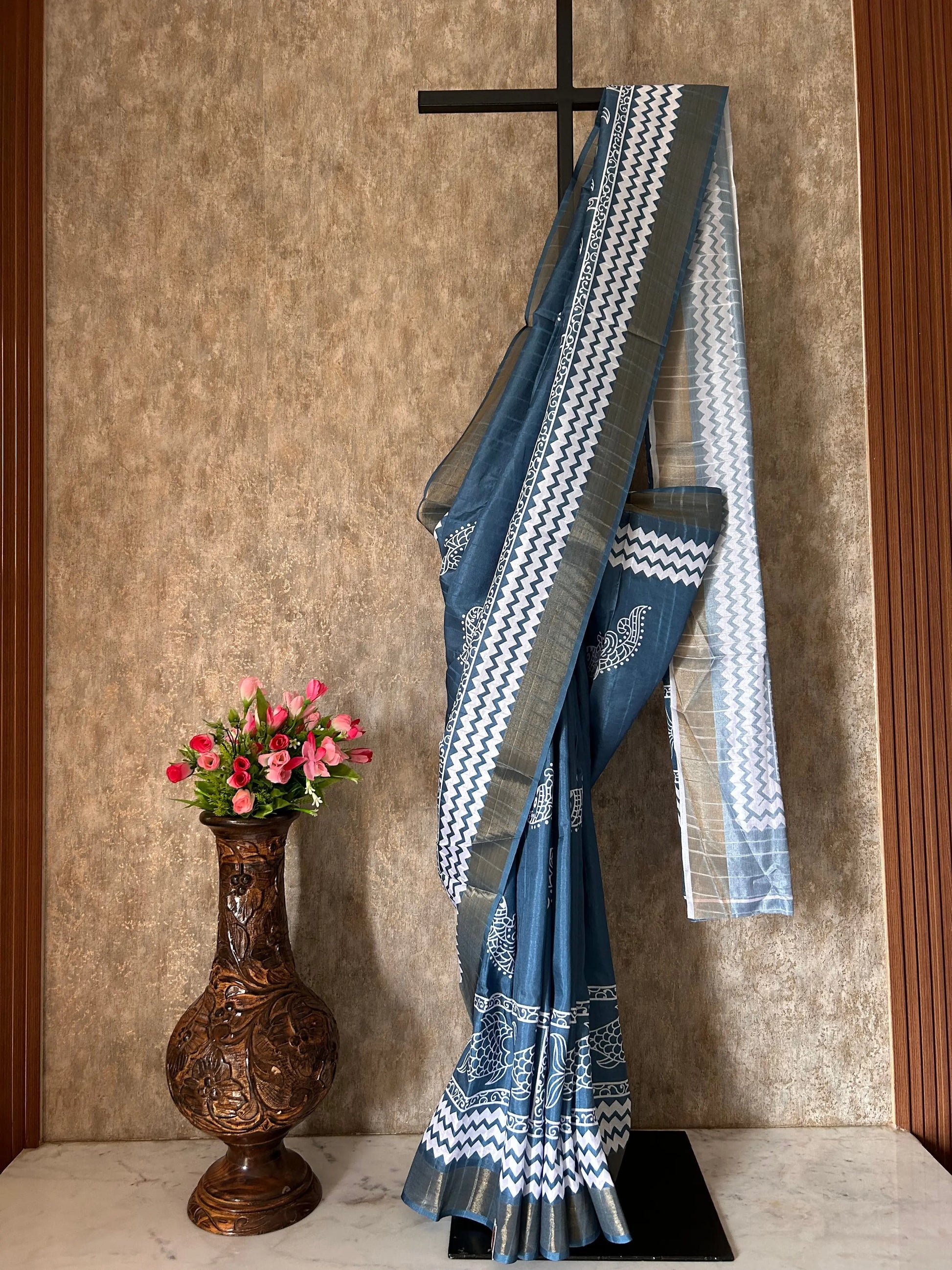 Grey Color Semi Tussar Printed Daily wear Saree