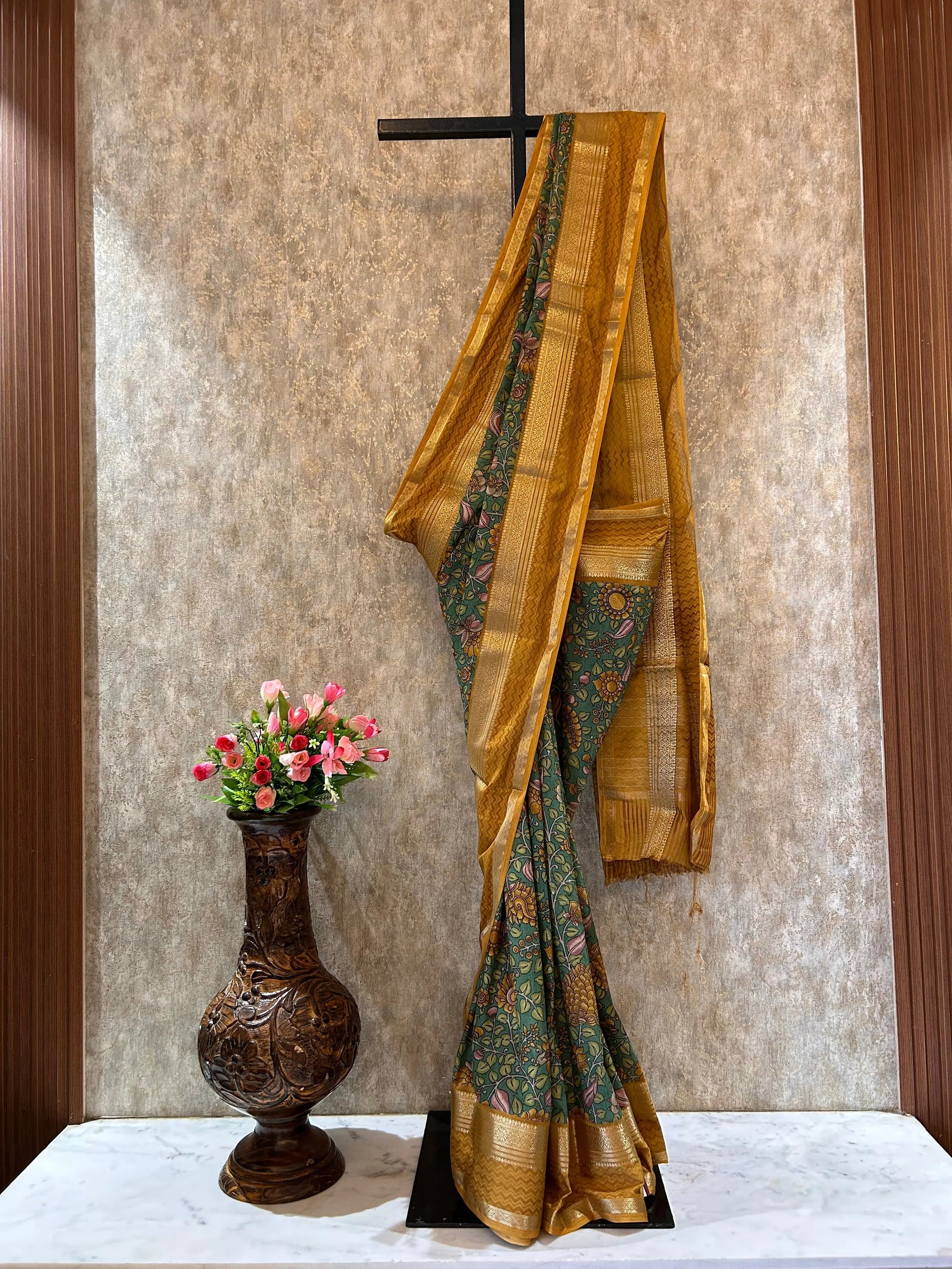 Green Color Crepe Saree with Kalamkari Design