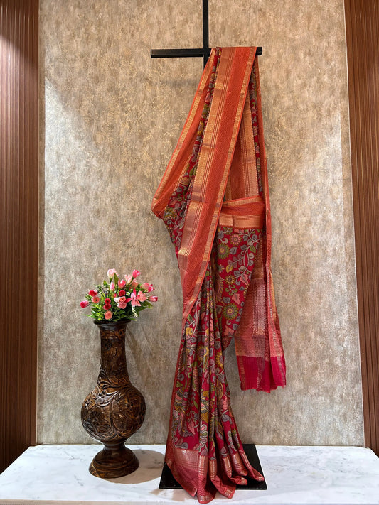 Red Color Crepe Saree with Kalamkari Design Mandira Silks