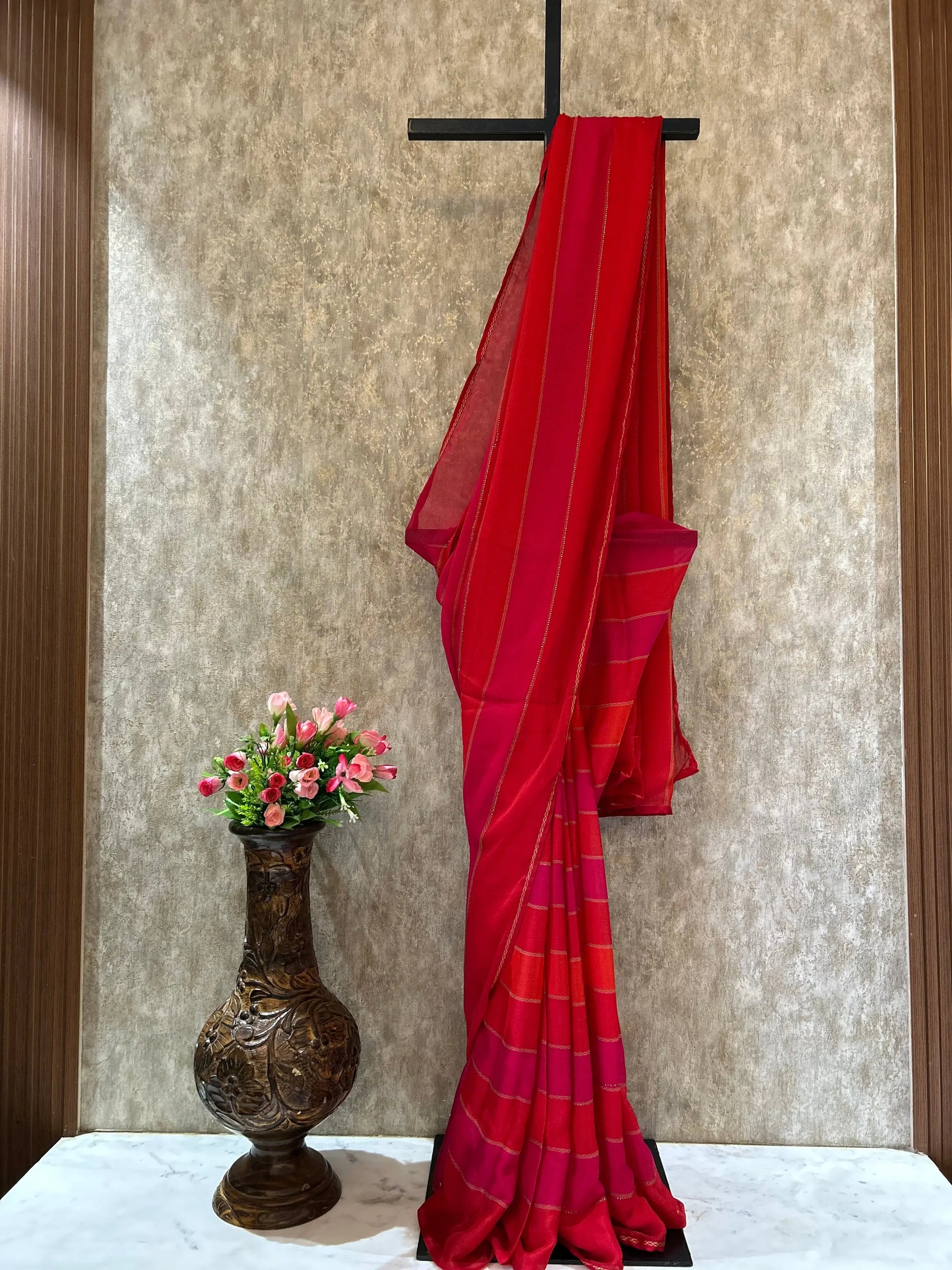 Pink and Orange Color Crepe saree with Designer blouse