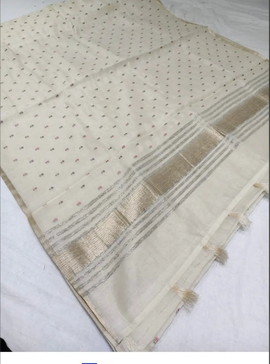 Wheatish white color Chapa Tussar Saree with kantha stich Mandira Silks
