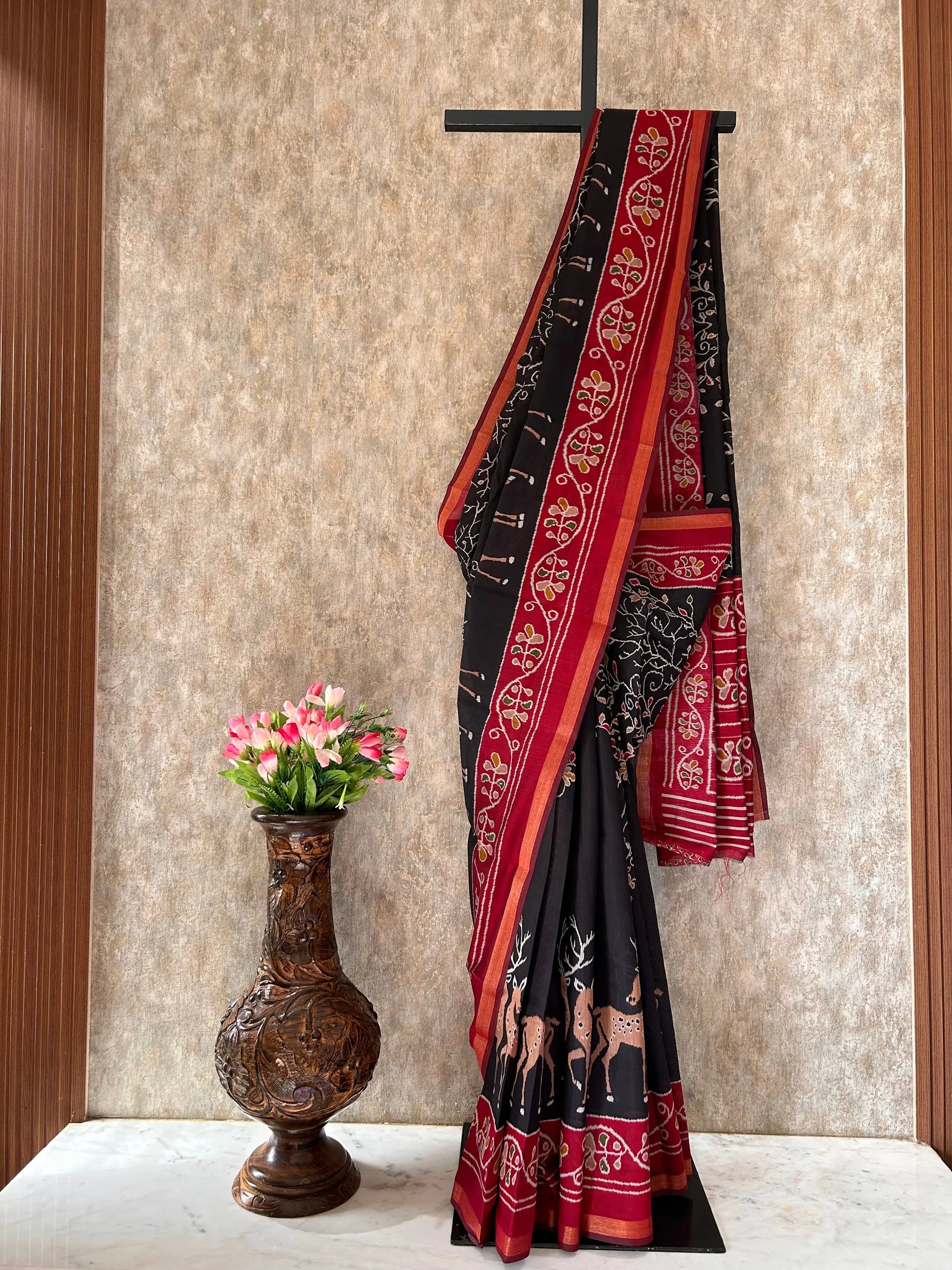 Black and Red Color soft chanderi Saree with Patola Print
