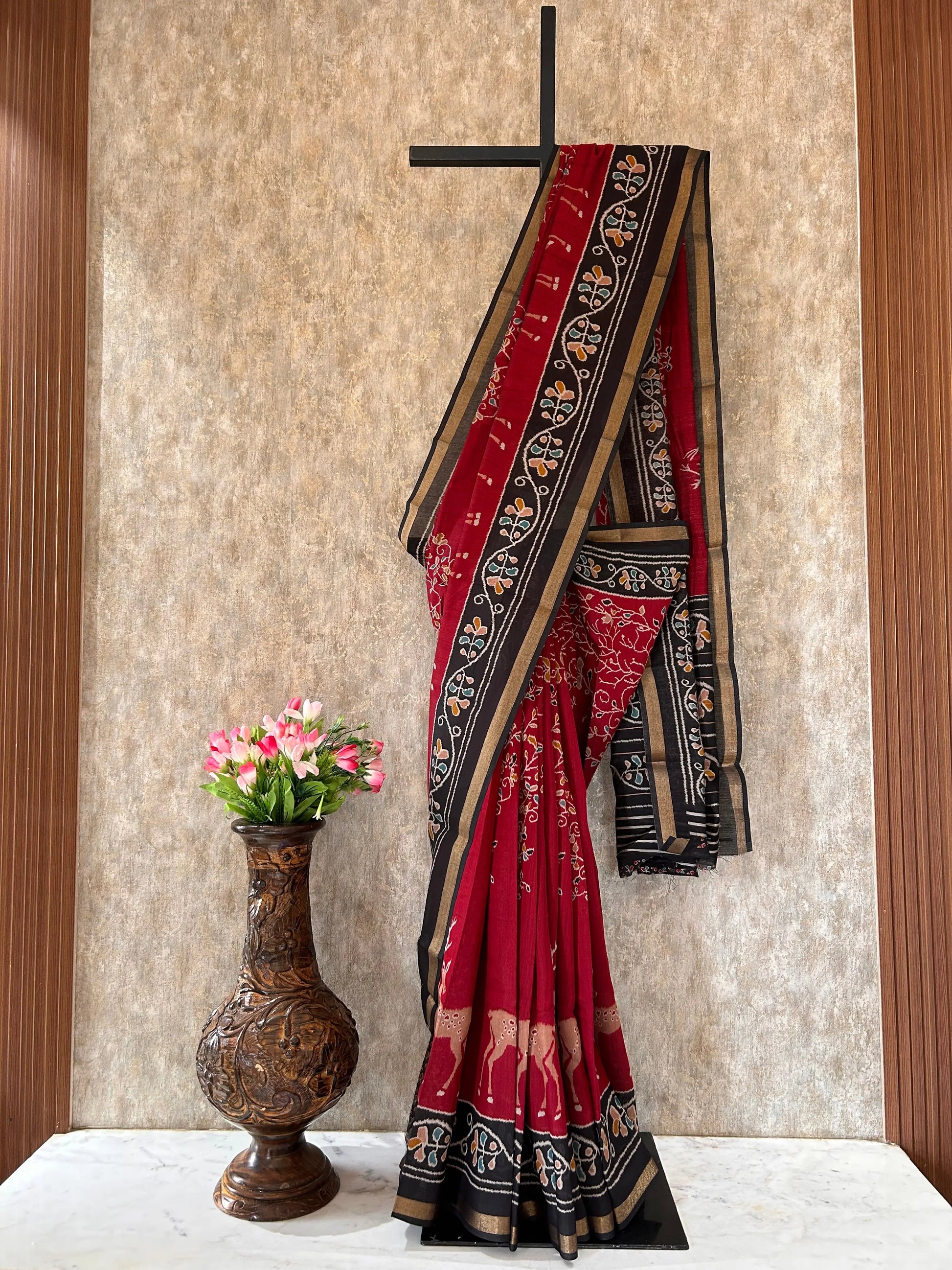 Red and Black Color soft chanderi Saree with Patola Print