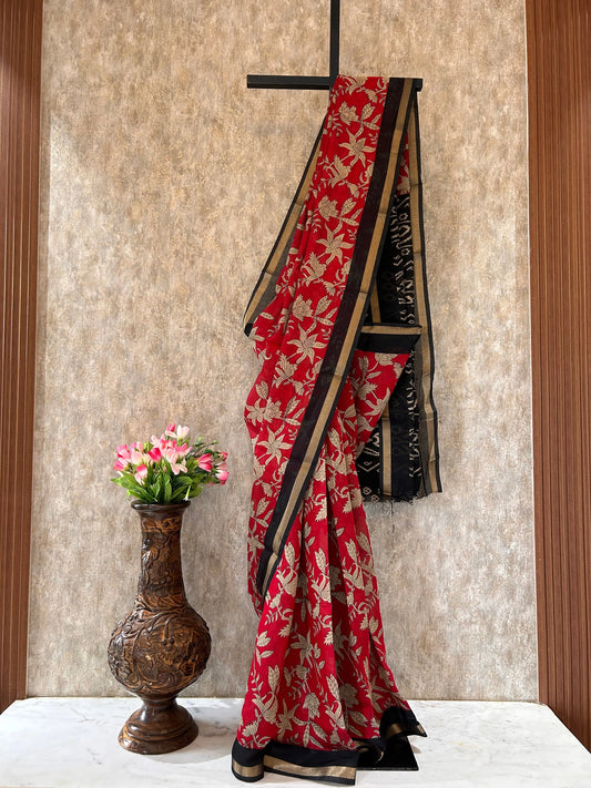 Red and black Color printed fancy Saree for Daily Wear