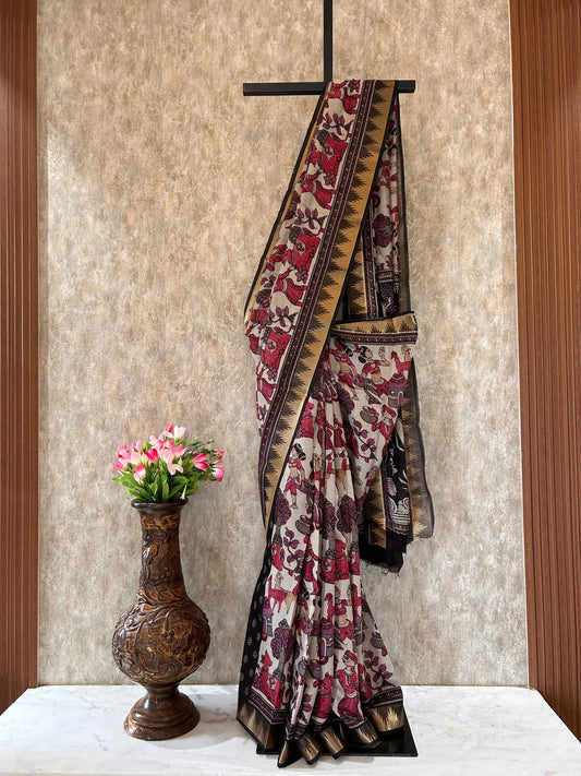 Cream Color Soft Dola silk Saree with Kalamkari print for Daily wear