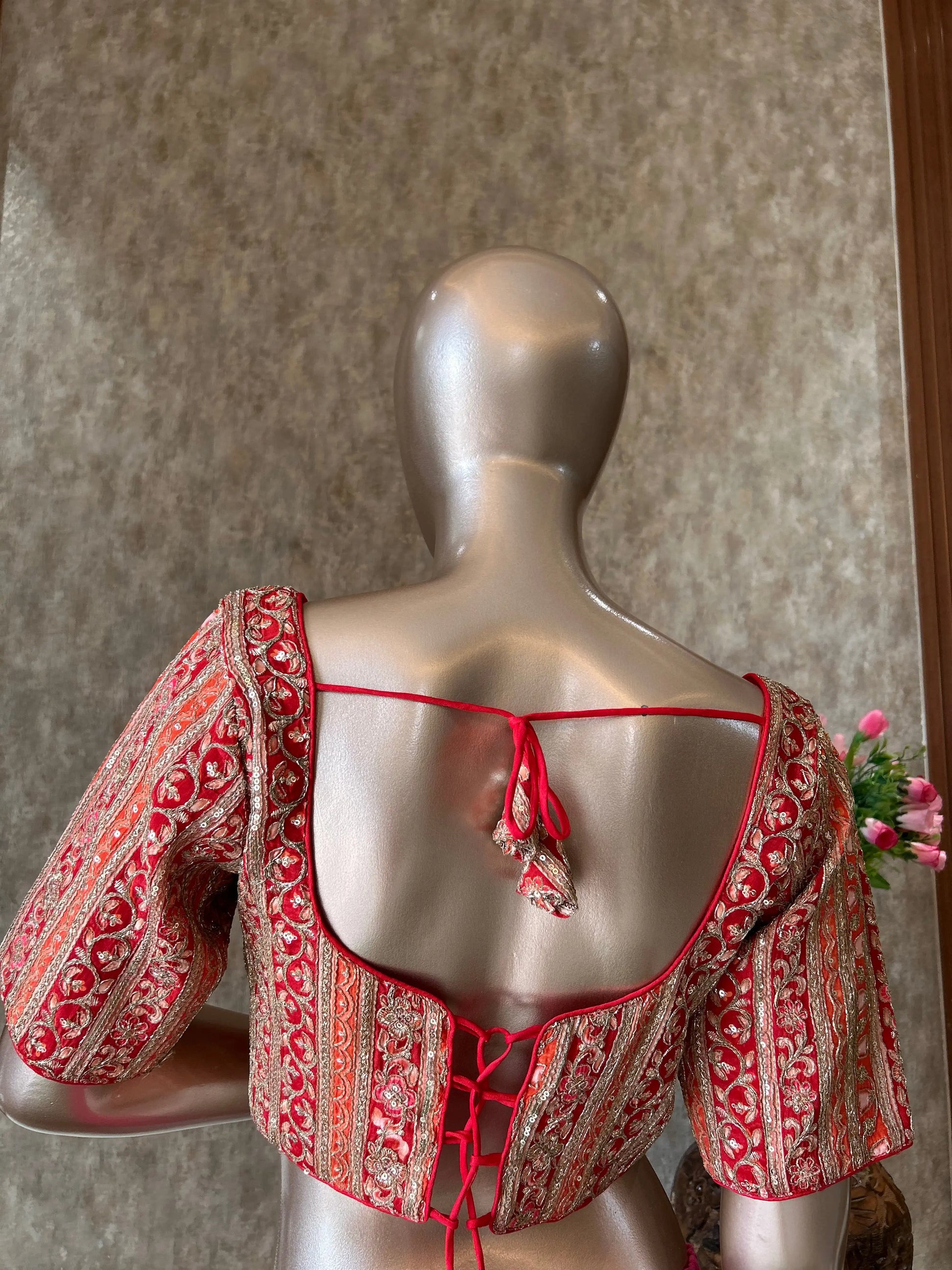 Pink and Orange Color Crepe saree with Designer blouse Mandira Silks
