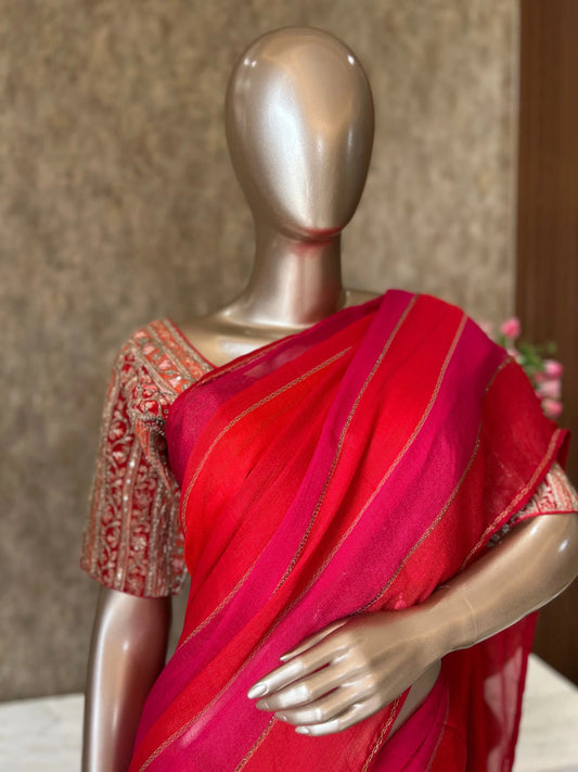 Pink and Orange Color Crepe saree with Designer blouse