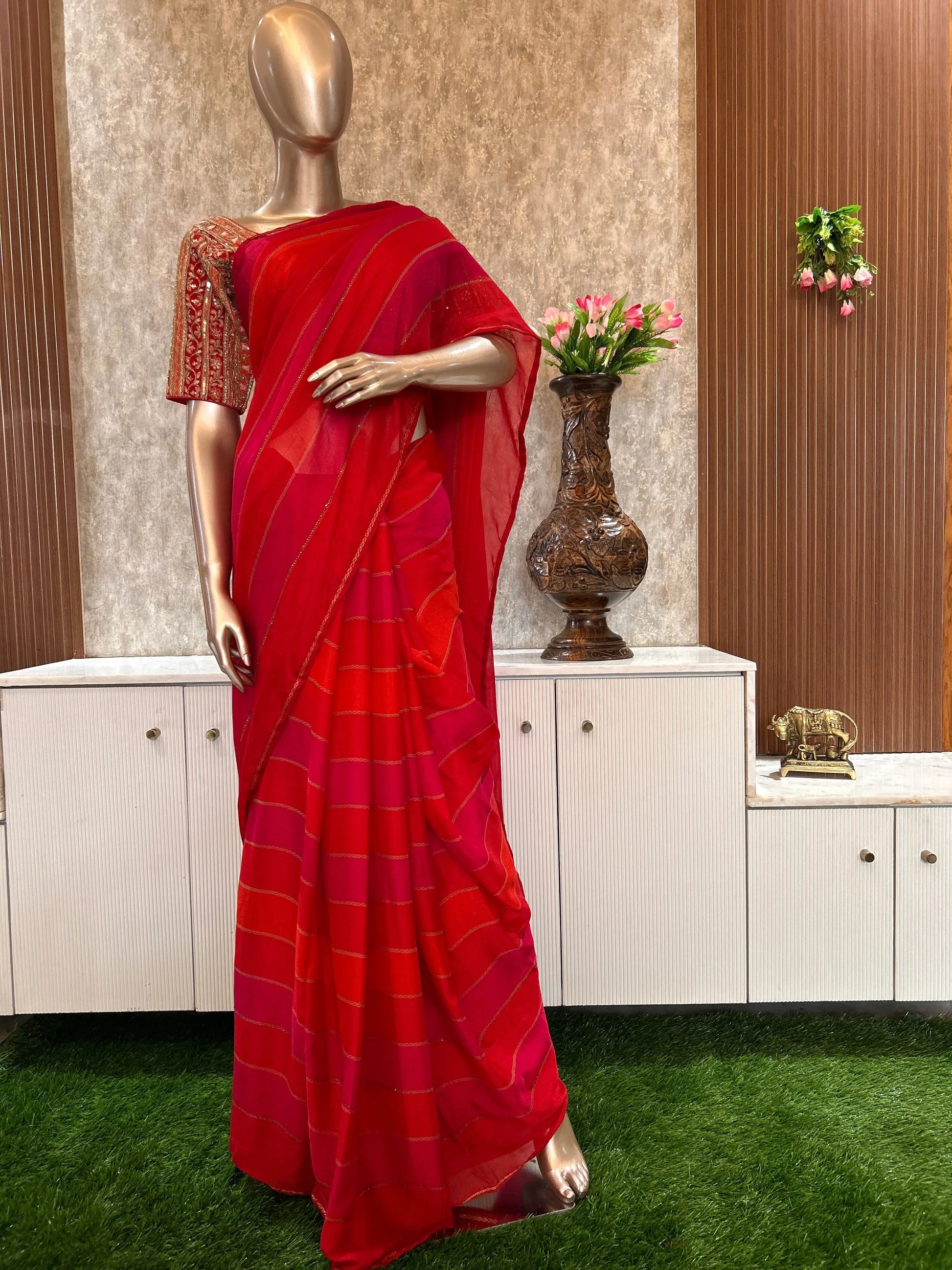 Pink and Orange Color Crepe saree with Designer blouse