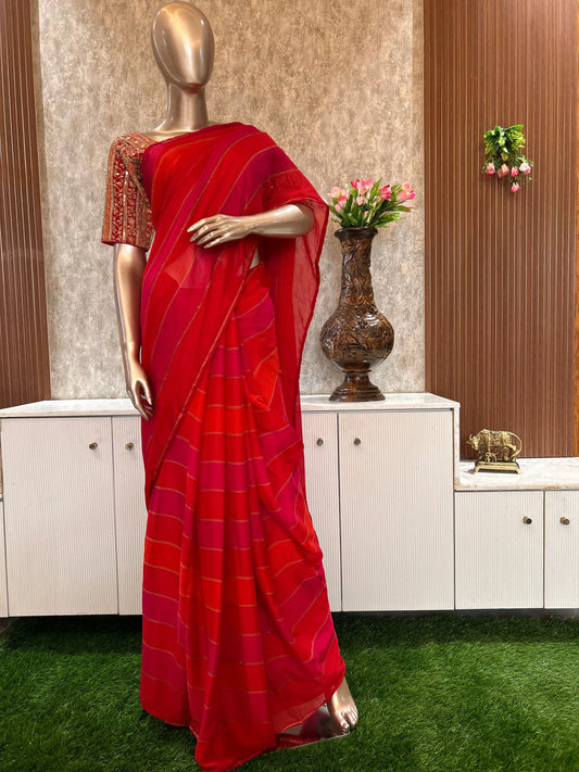 Pink and Orange Color Crepe saree with Designer blouse