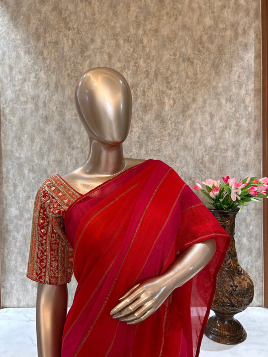 Pink and Orange Color Crepe saree with Designer blouse