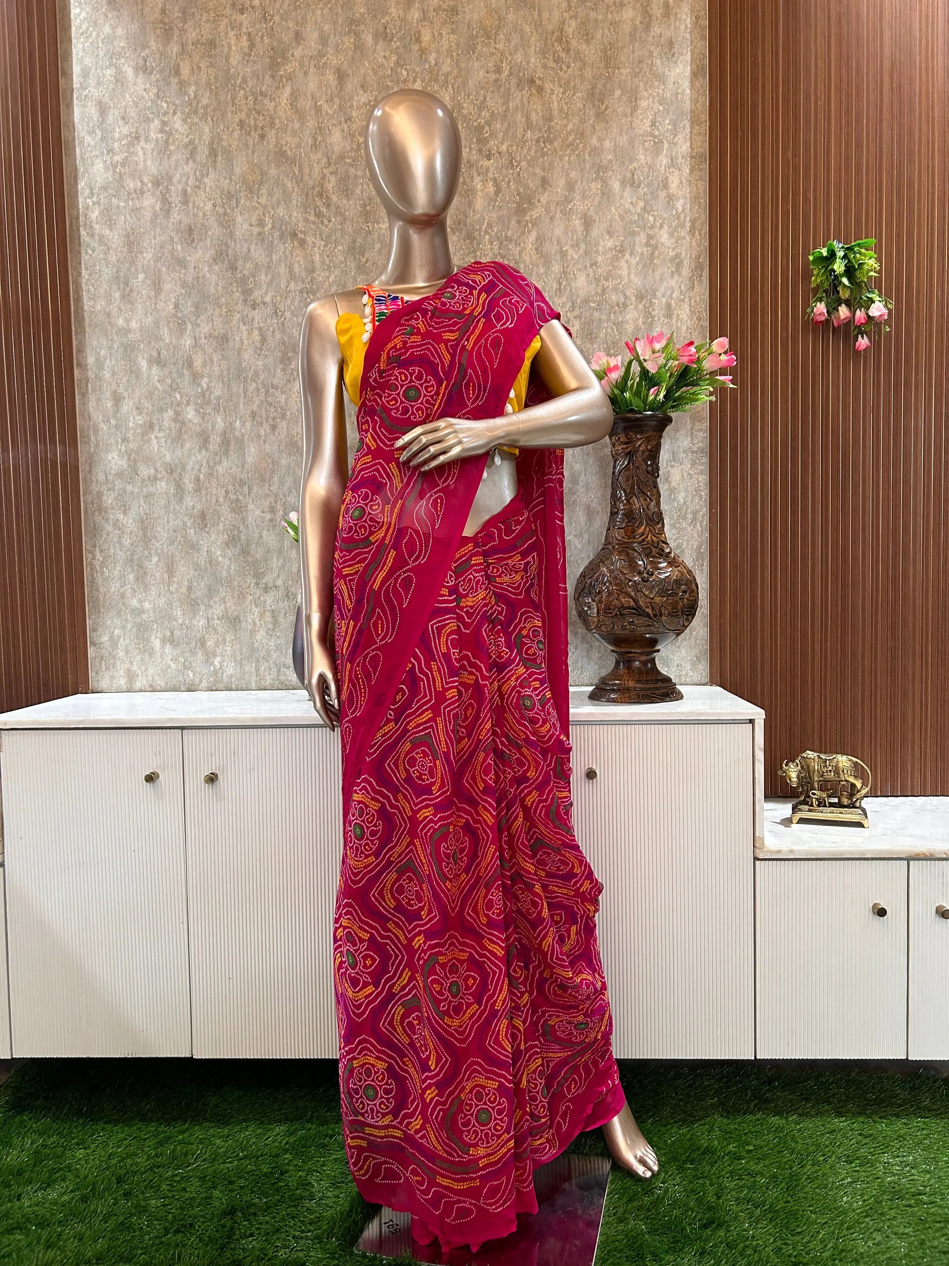 Rani Pink daily wear soft Georgette saree with stitched sleeve less blouse for Daily Wear Mandira Silks