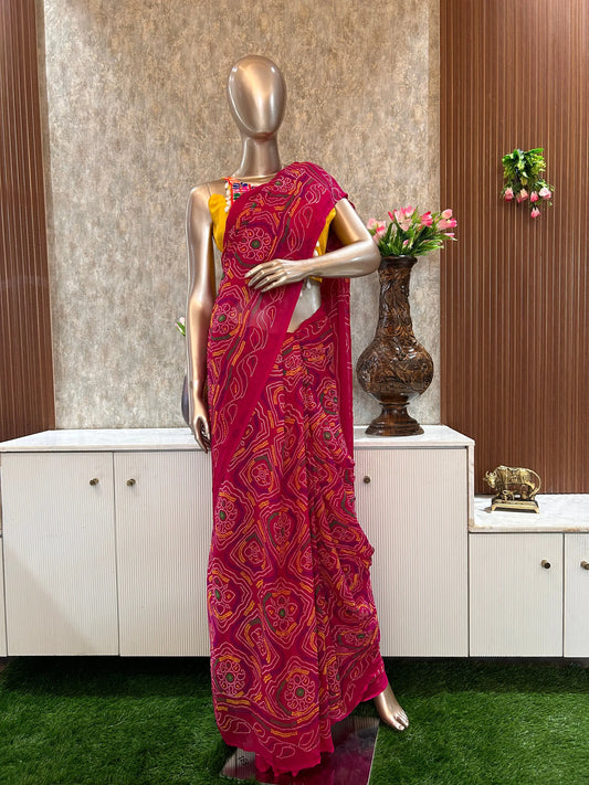 Rani Pink daily wear soft Georgette saree with stitched sleeve less blouse for Daily Wear Mandira Silks