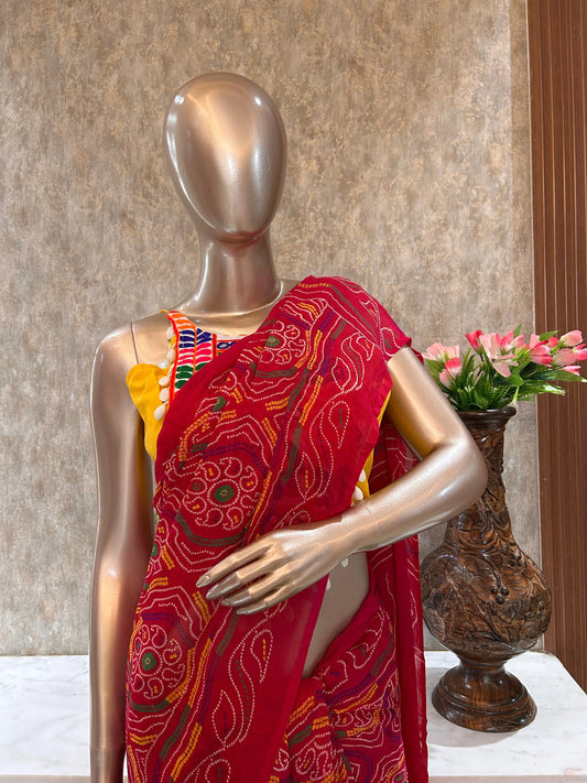 Rani Pink daily wear soft Georgette saree with stitched sleeve less blouse for Daily Wear Mandira Silks