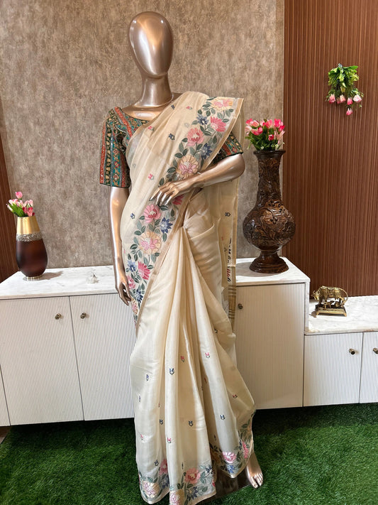 Wheatish white color Chapa Tussar by cotton Saree with embroidery work Mandira Silks
