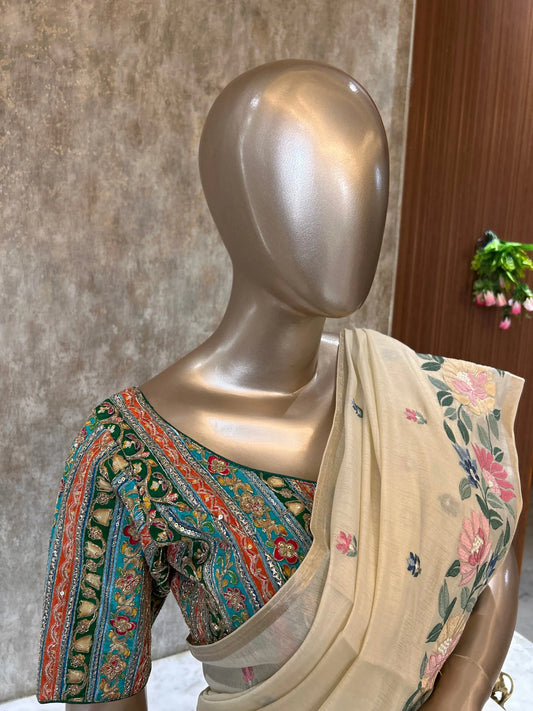 Wheatish white color Chapa Tussar by cotton Saree with embroidery work Mandira Silks
