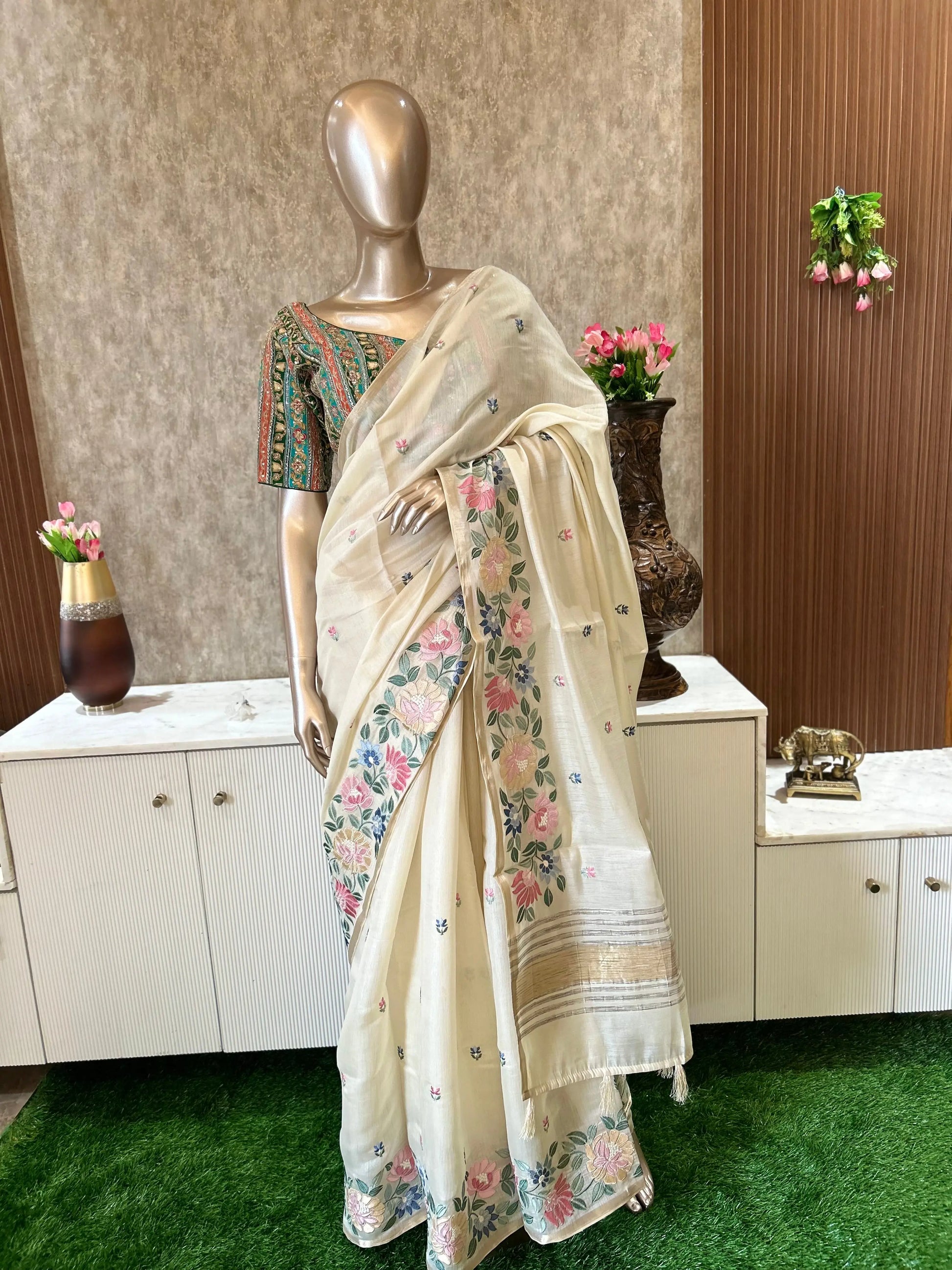 Wheatish white color Chapa Tussar by cotton Saree with embroidery work Mandira Silks