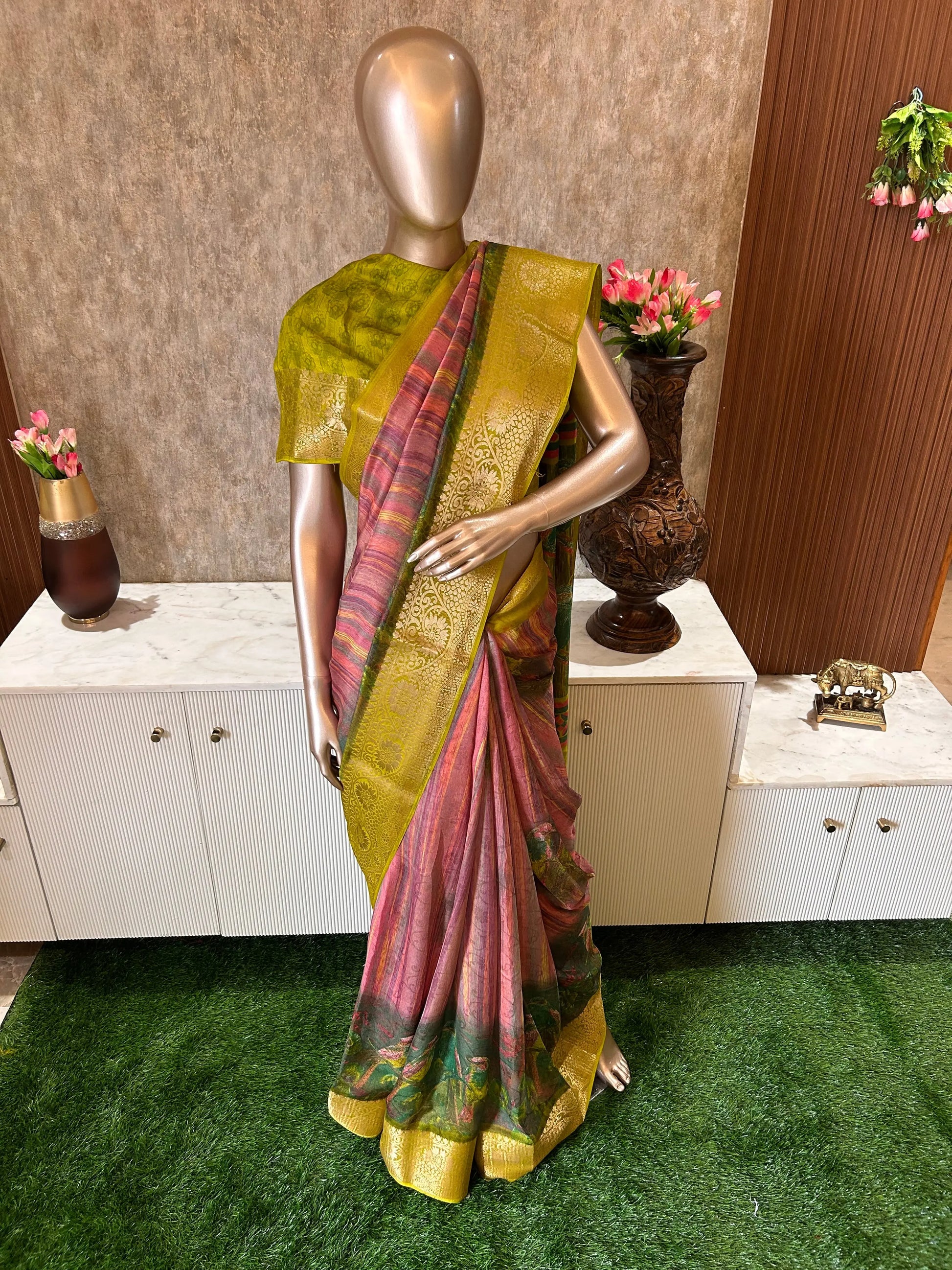 Peach color Saree green Border Georgette saree for Daily Wear