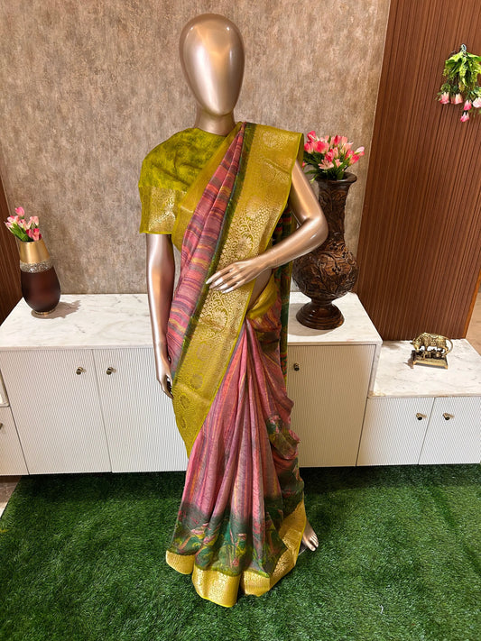 Peach color Saree green Border Georgette saree for Daily Wear