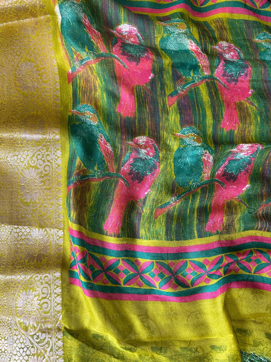 Colorful fabric with floral patterns and geometric designs on a yellow background