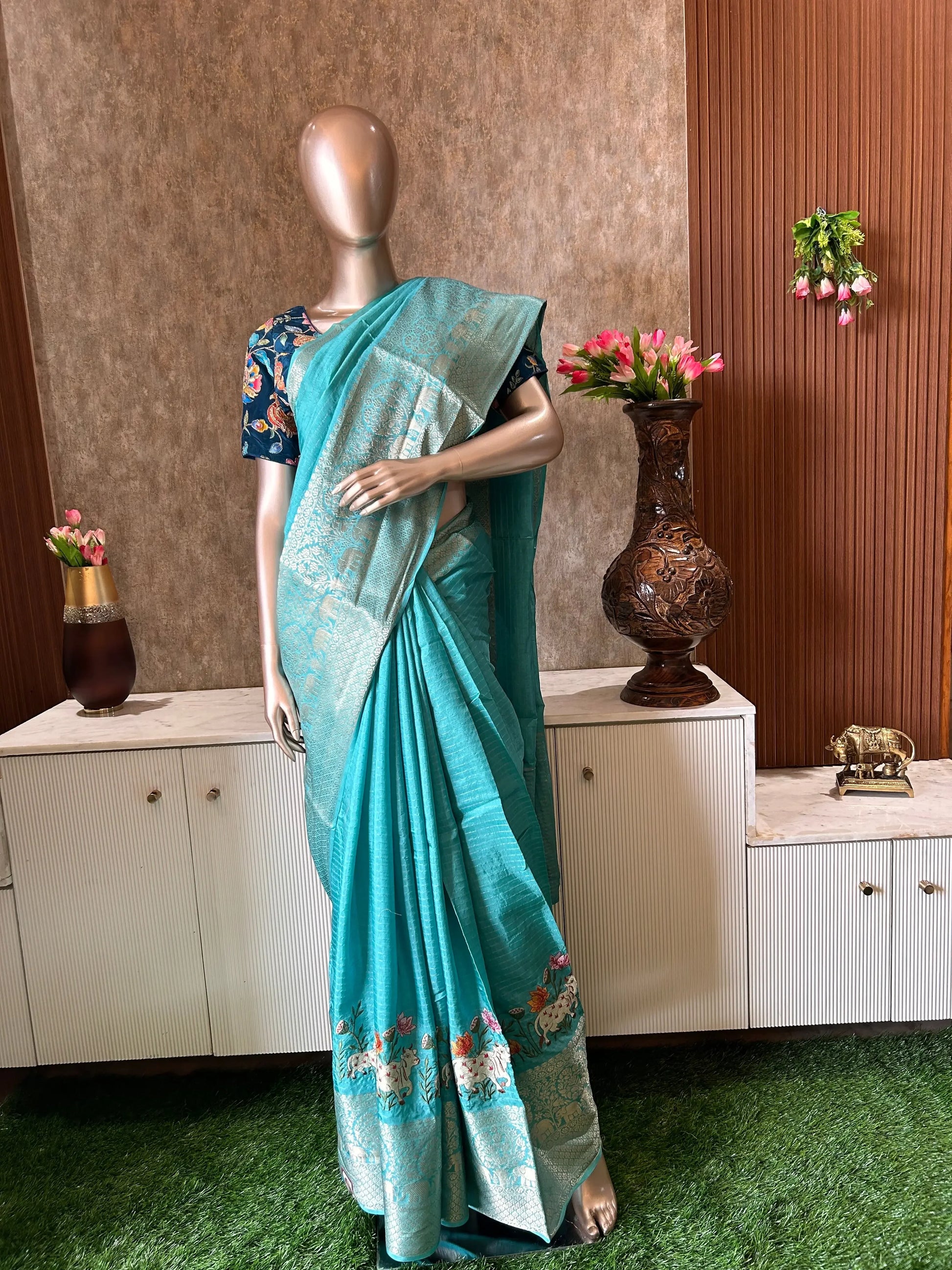 Blue Color Crepe Silk Saree with Pichwai thread work saree with Designer Blouse Mandira Silks