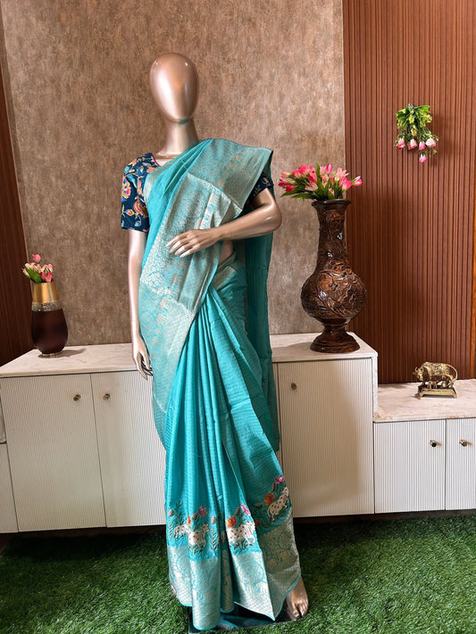 Blue Color Crepe Silk Saree with Pichwai thread work saree with Designer Blouse Mandira Silks