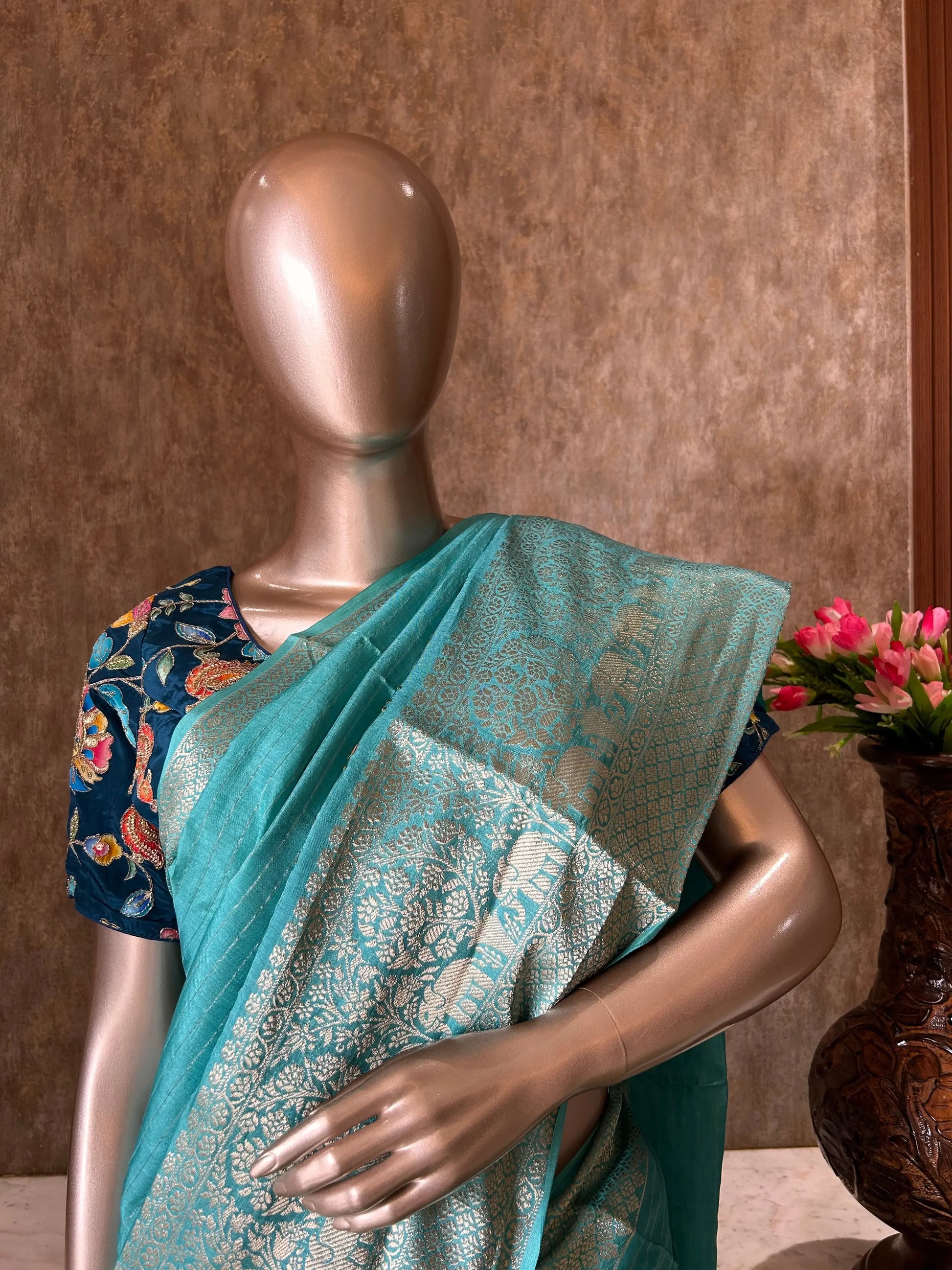 Blue Color Crepe Silk Saree with Pichwai thread work saree with Designer Blouse Mandira Silks