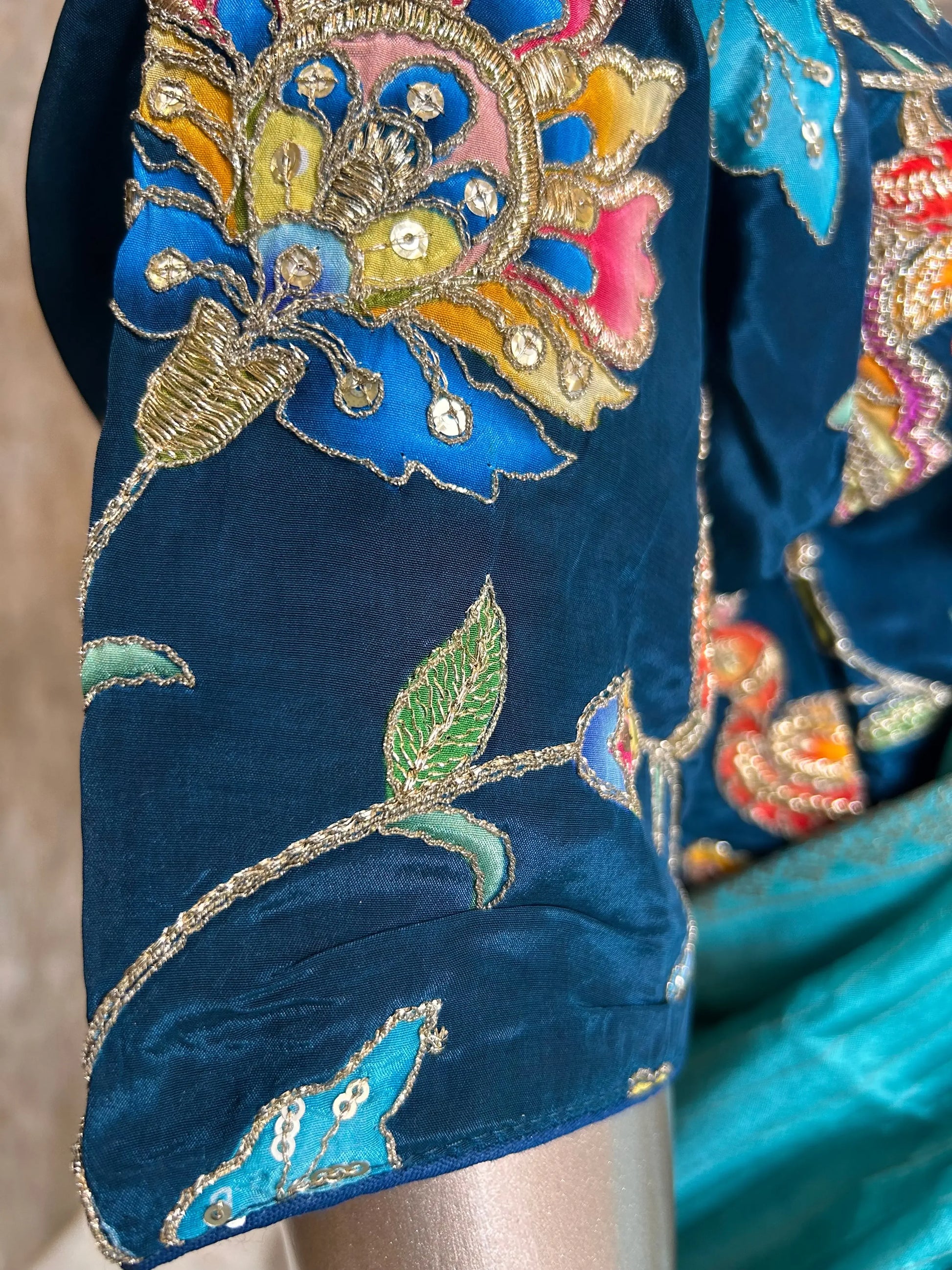 Blue Color Crepe Silk Saree with Pichwai thread work saree with Designer Blouse Mandira Silks