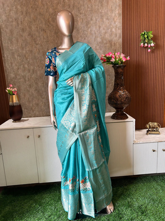 Blue Color Crepe Silk Saree with Pichwai thread work saree with Designer Blouse Mandira Silks