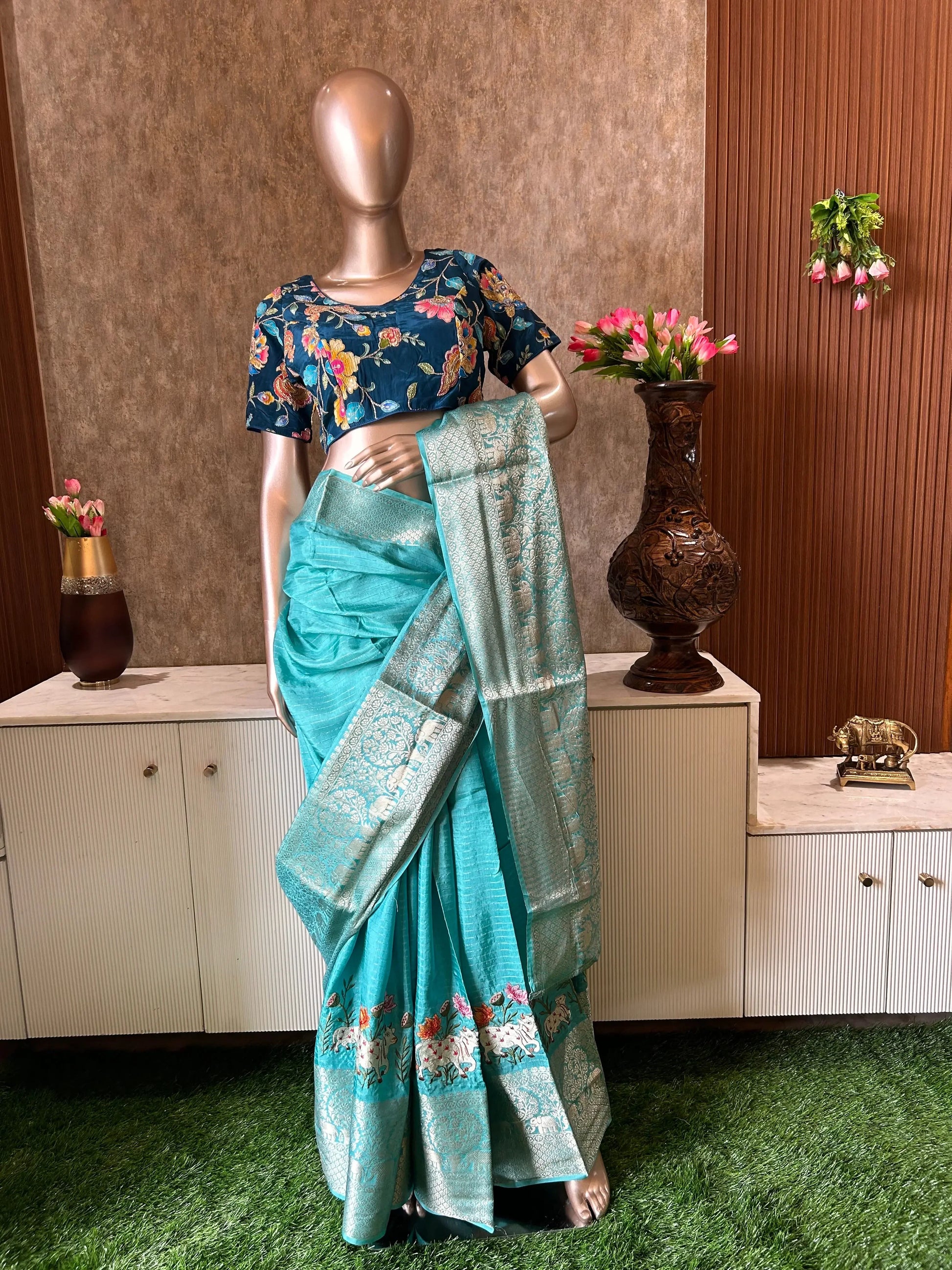 Blue Color Crepe Silk Saree with Pichwai thread work saree with Designer Blouse Mandira Silks