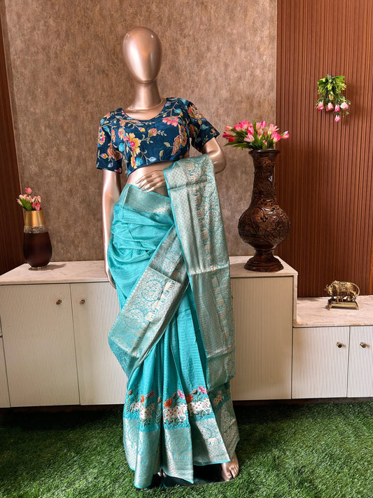 Blue Color Crepe Silk Saree with Pichwai thread work saree with Designer Blouse Mandira Silks