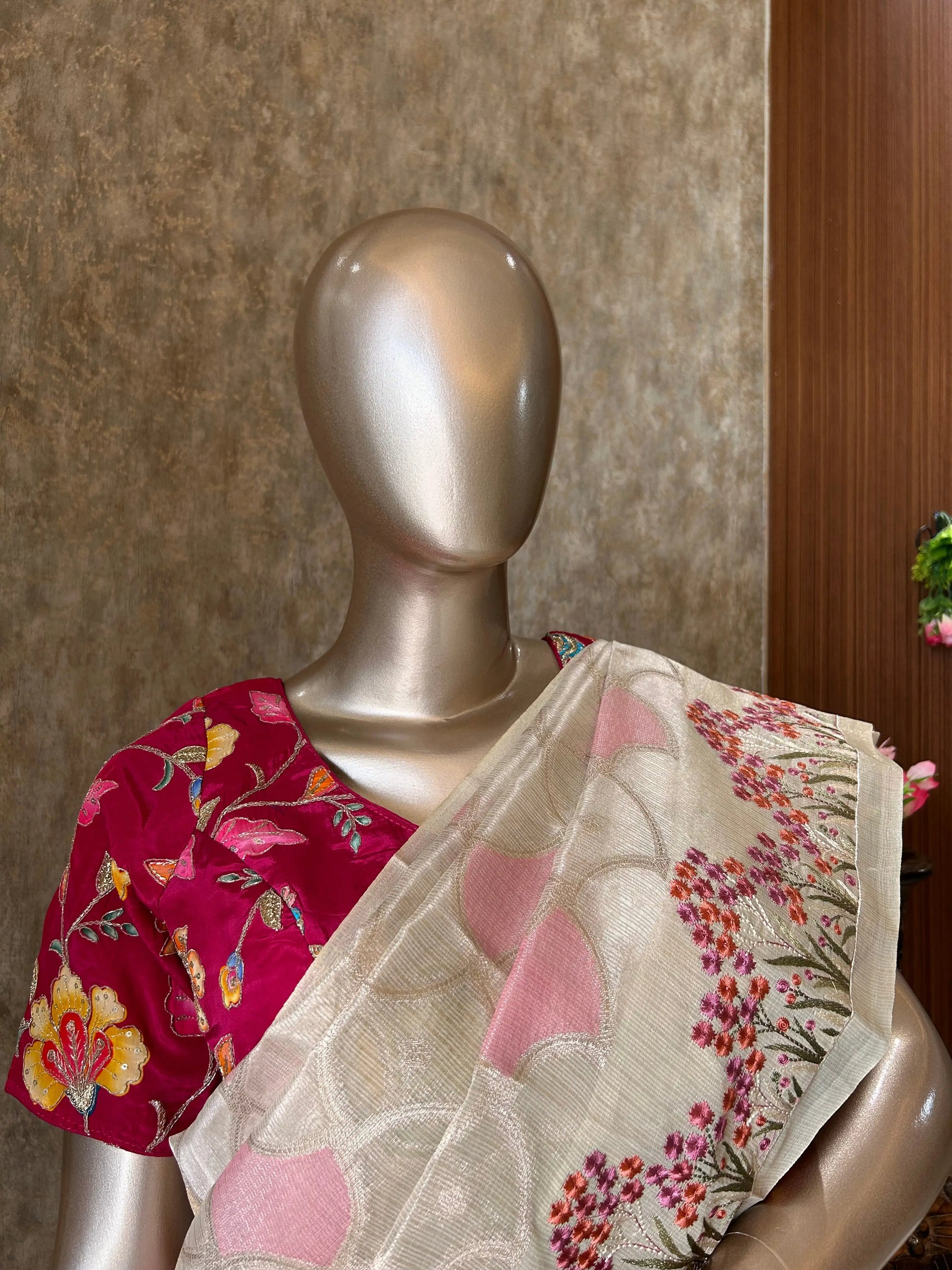 Cream color Kota Saree with thread Work with Designer Blouse
