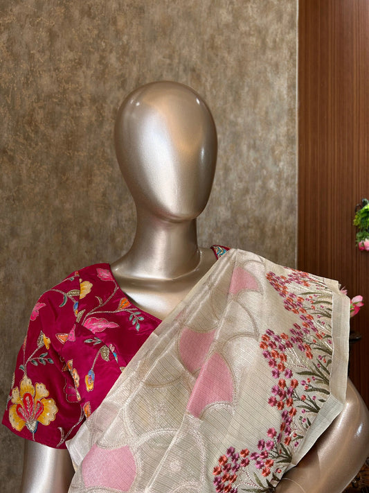 Cream color Kota Saree with thread Work with Designer Blouse