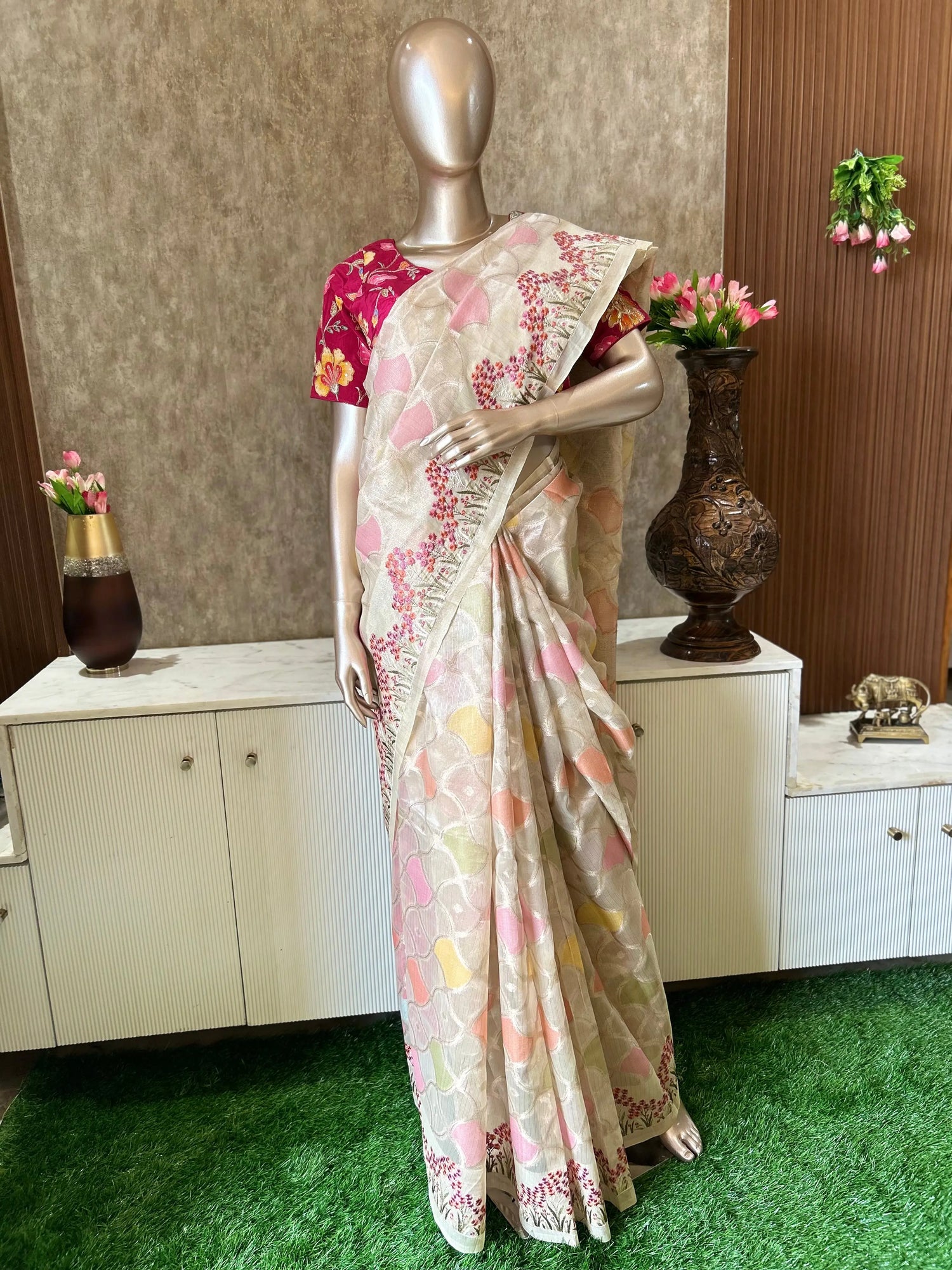 Cream color  Kota Tussue Saree with Designer Blouse