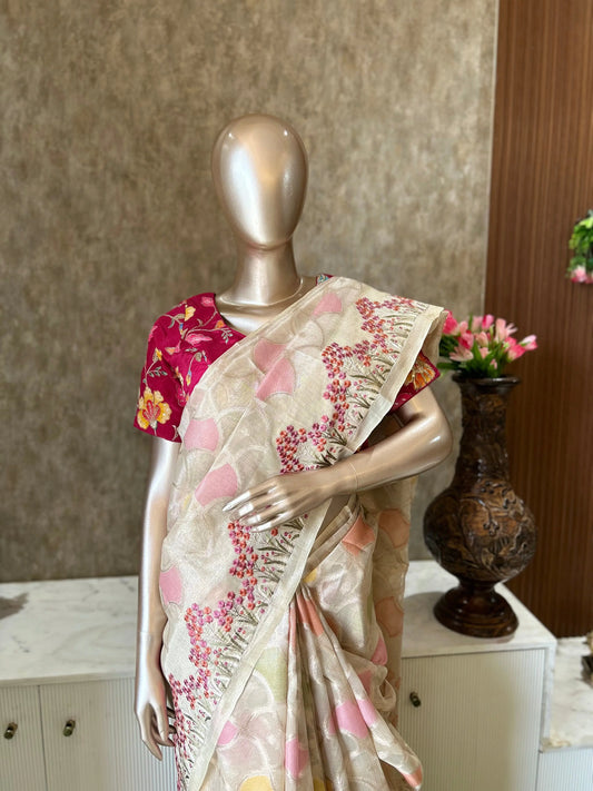 Cream color Kota Saree with thread Work with Designer Blouse
