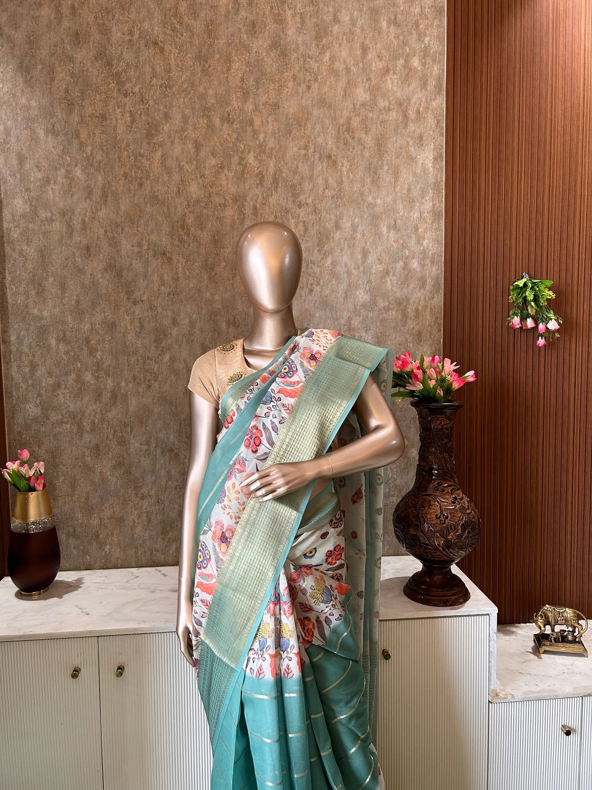 Pista Green Color Georgette Saree with floral print