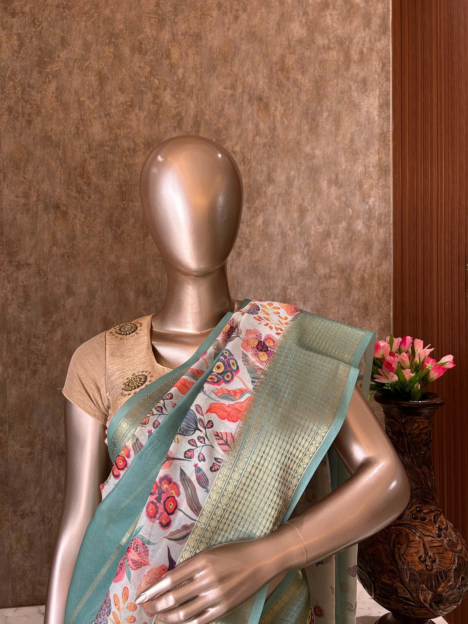Pista Green Color Georgette Saree with floral print