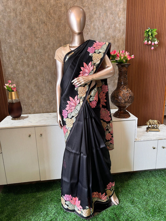 Black Color 1gm Glass Tissue designer saree with Lotus Embroidery work