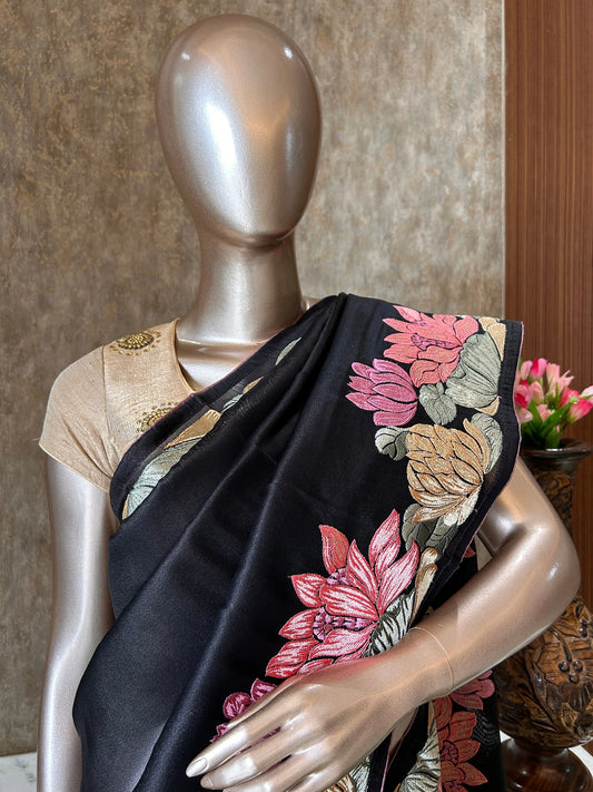Black Color 1gm Glass Tissue designer saree with Lotus Embroidery work