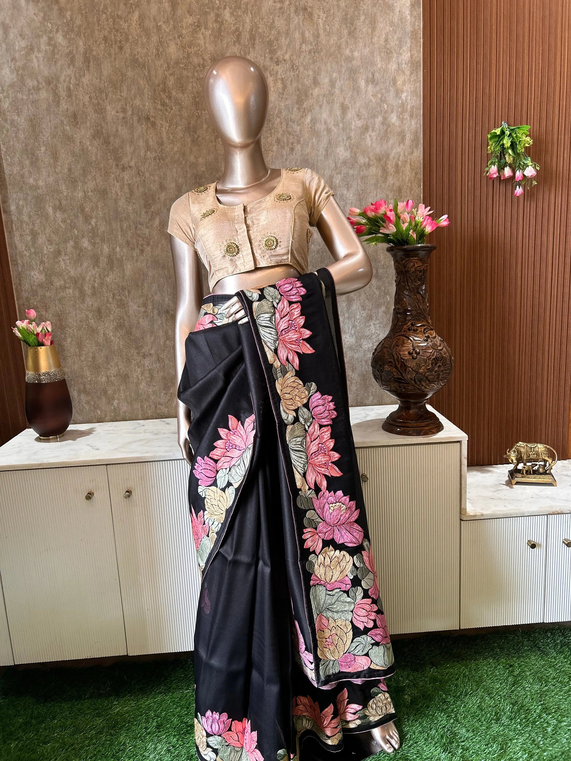 Black Color 1gm Glass Tissue designer saree with Lotus Embroidery work