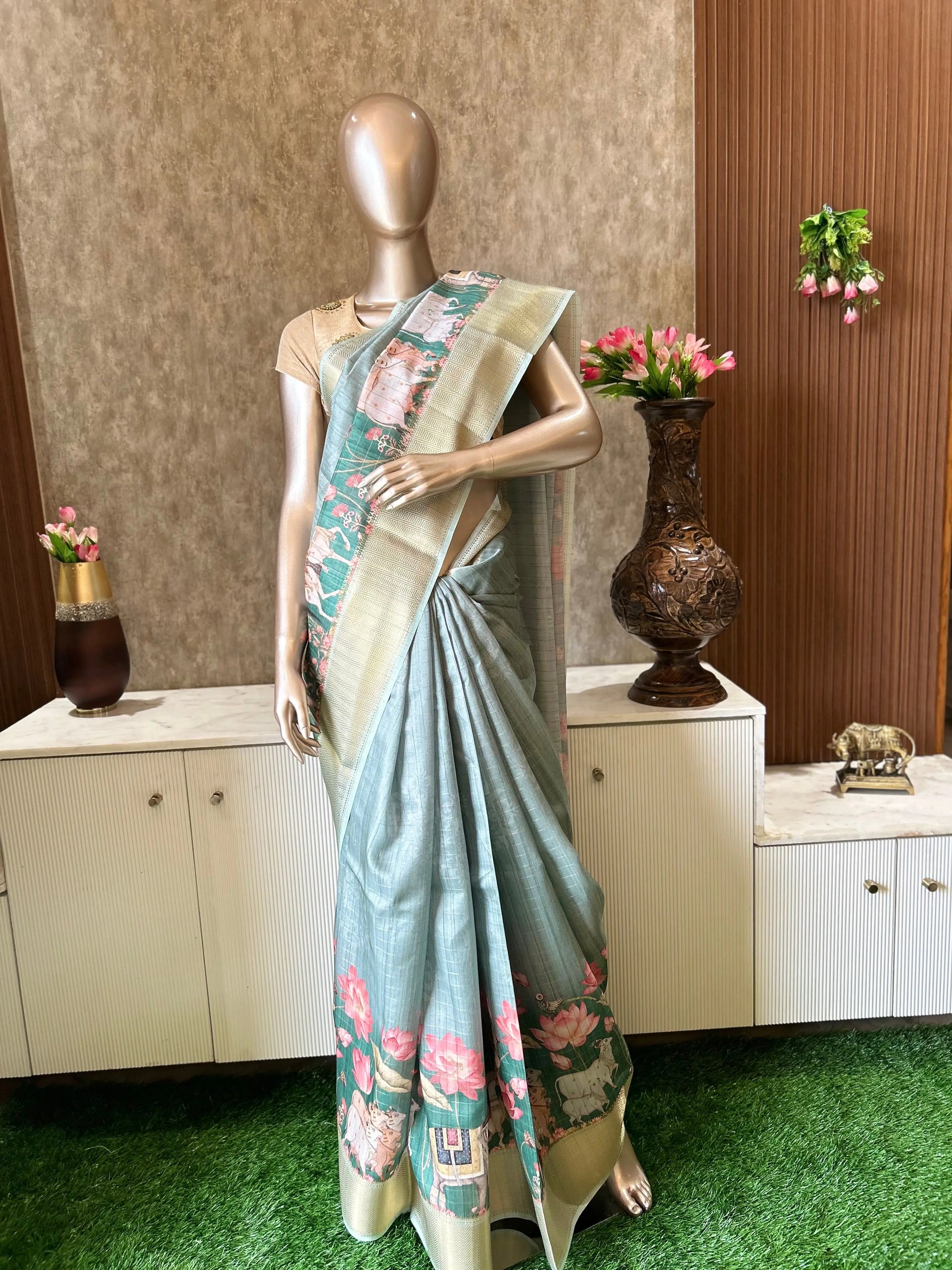 Pista Green Color Fancy Saree with Pichwai print