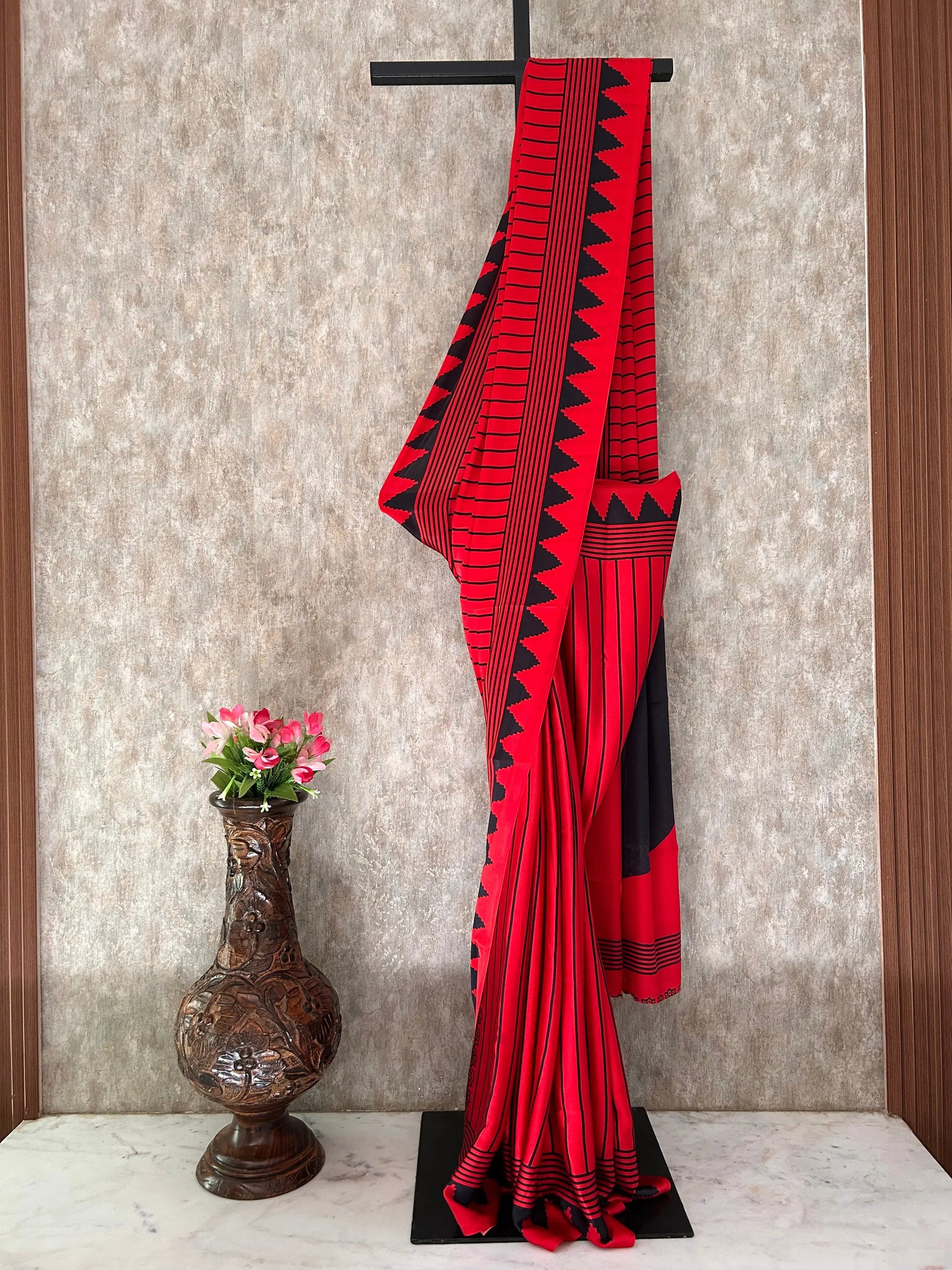 Red and black striped Ajrakh printed Satin Saree