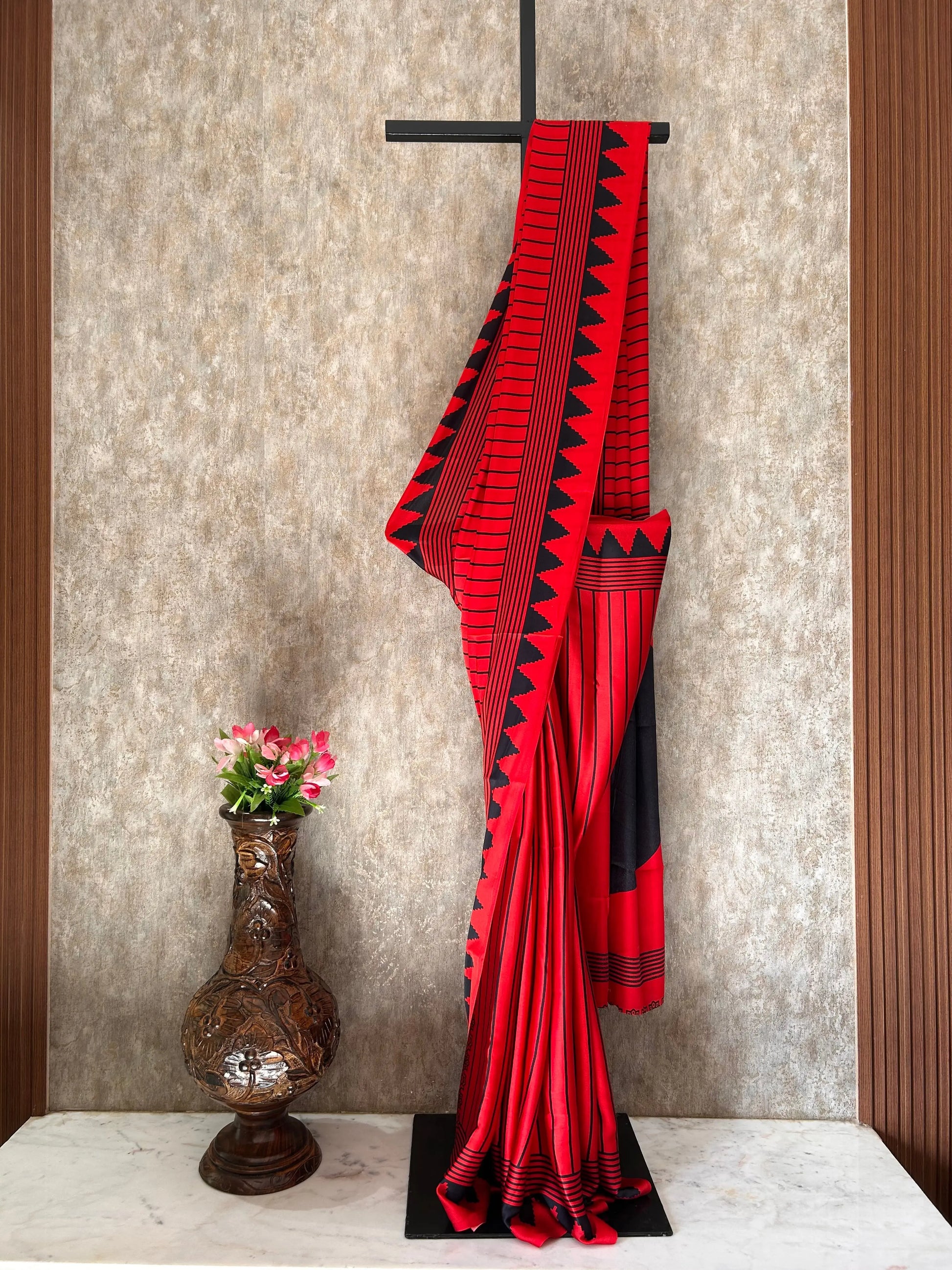 Red and black striped Ajrakh printed Satin Saree
