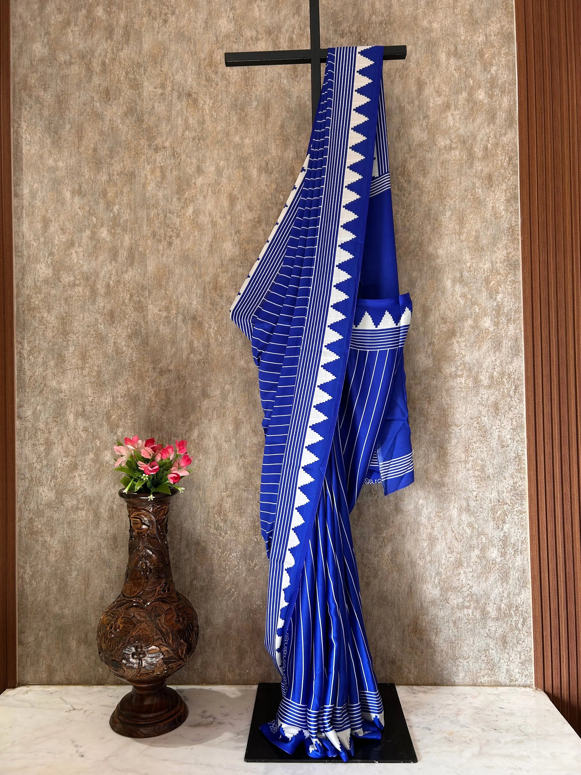 Blue color Muslin silk Ajrak Printed saree for Daily wear