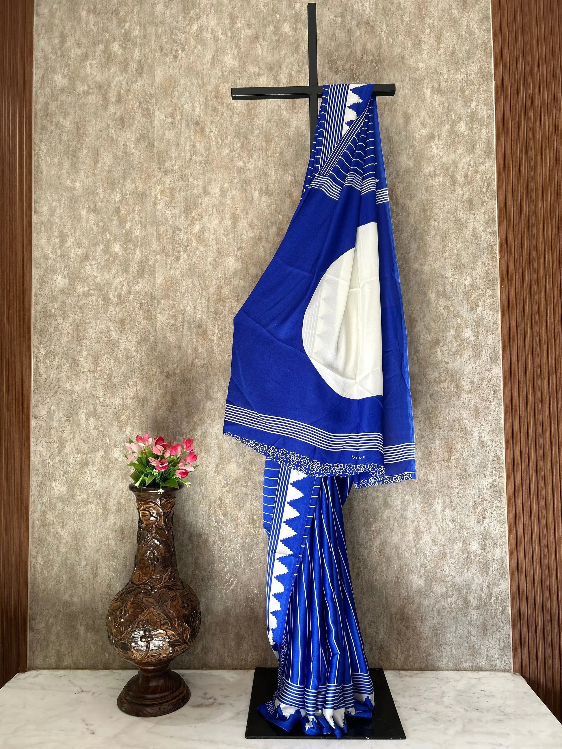 Blue color Muslin silk Ajrak Printed saree for Daily wear