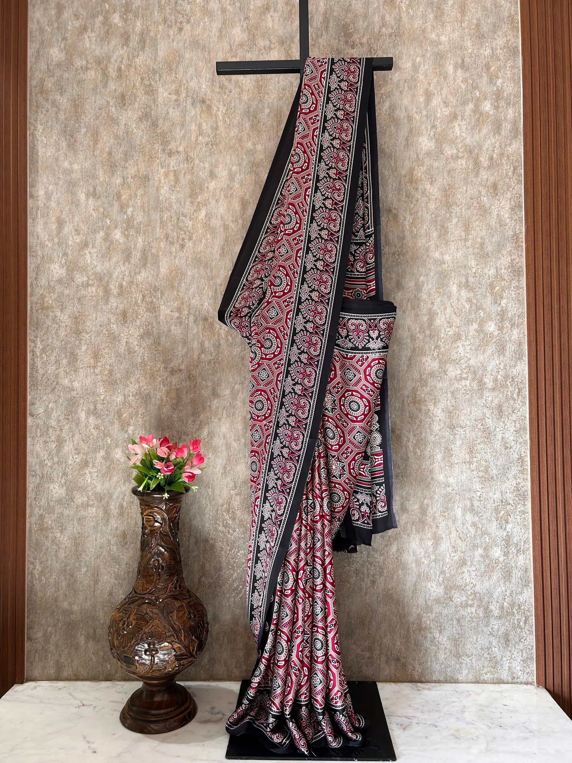 Ajrakh Saree red and black combo