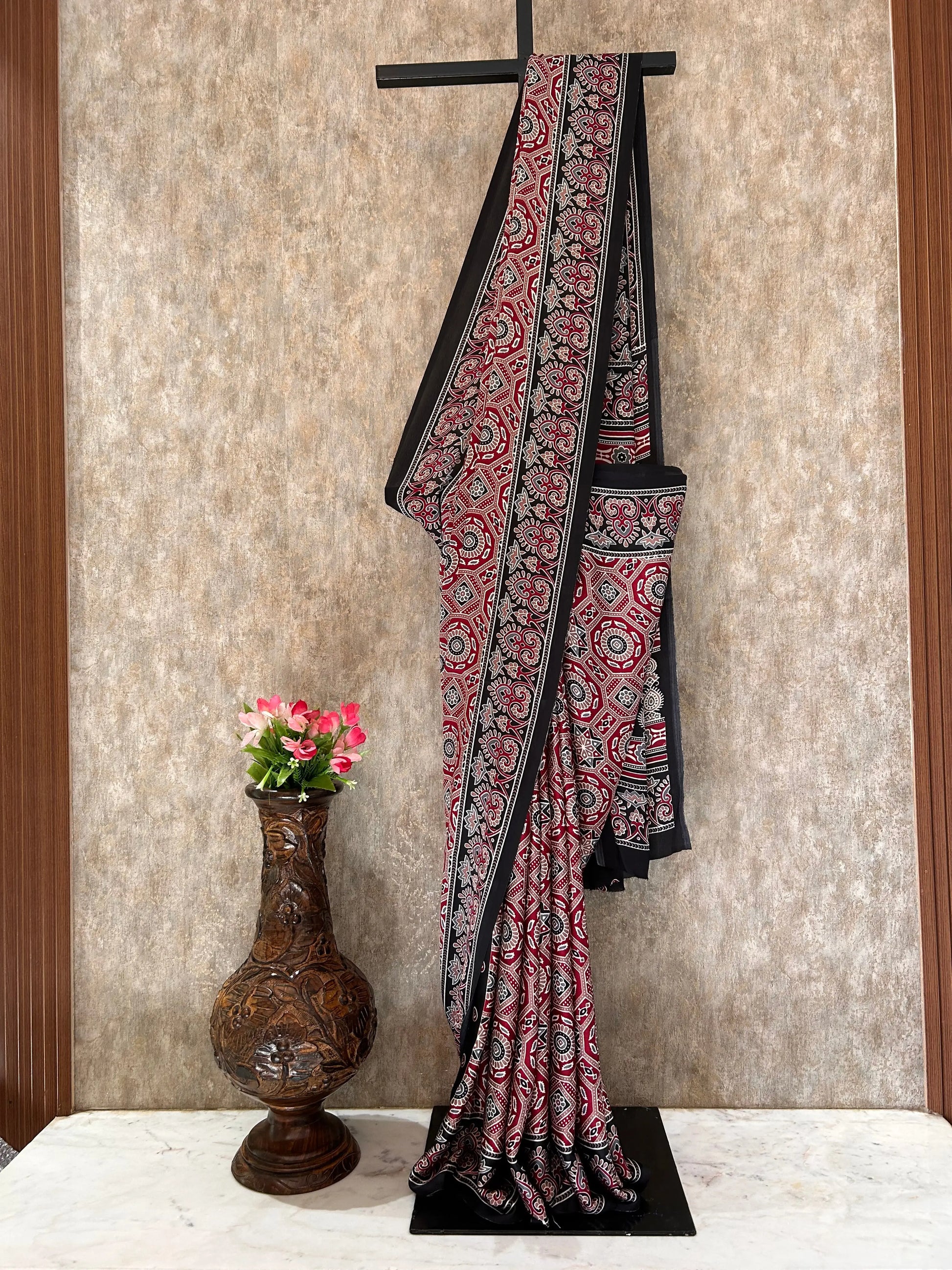 Ajrakh Saree red and black combo