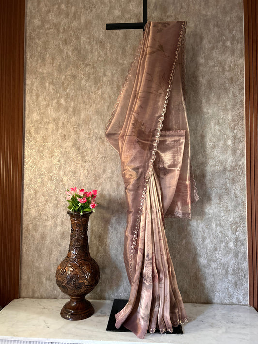 Pale brown Pure Tissue Saree with floral design